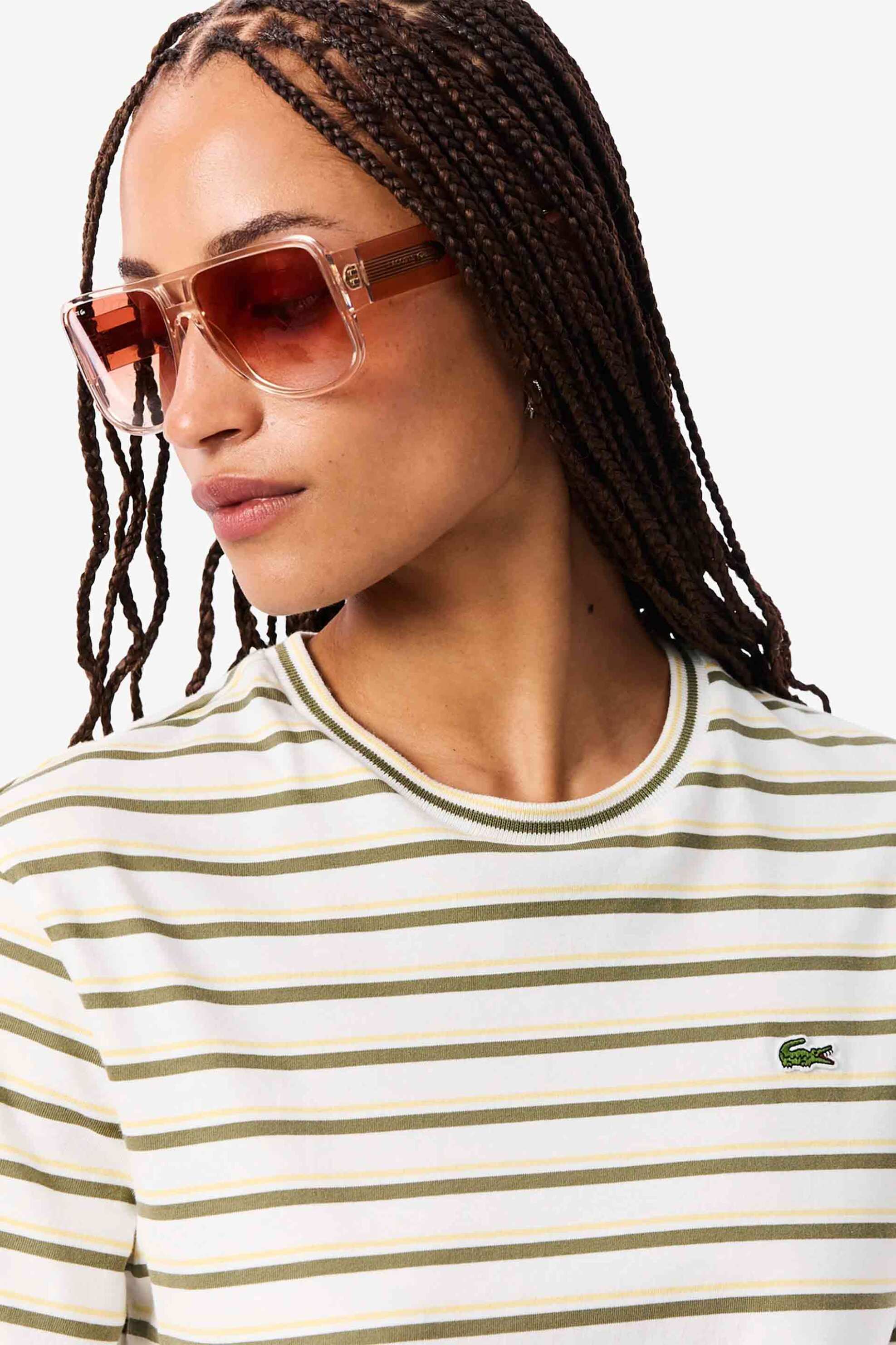 Lacoste γυναικείο T-shirt με ριγέ σχέδιο και κεντημένο λογότυπο Regular Fit - TF7574-00 Εκρού φωτογραφία