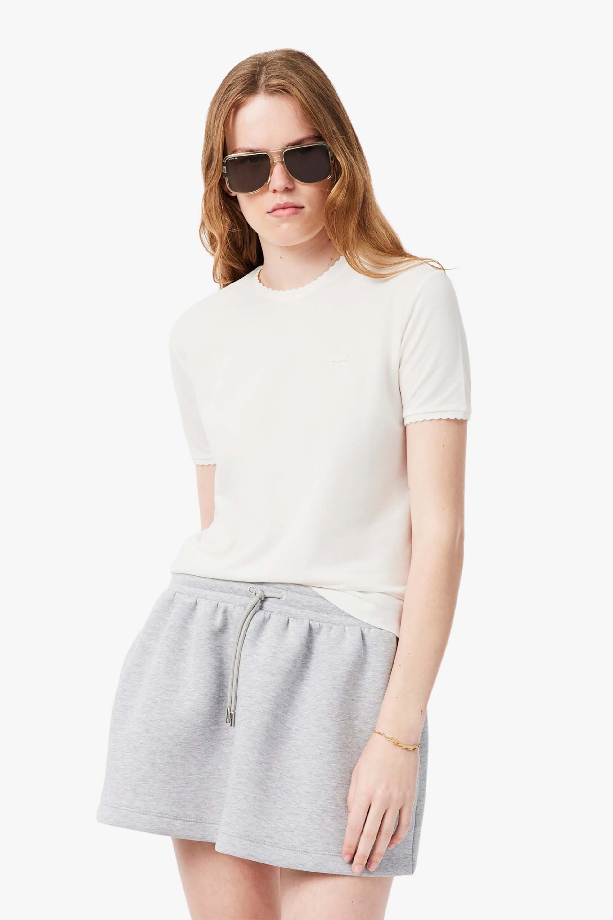 Lacoste γυναικείο T-shirt πικέ με scalloped trims και κεντημένο λογότυπο Slim Fit - TF8366 Λευκό