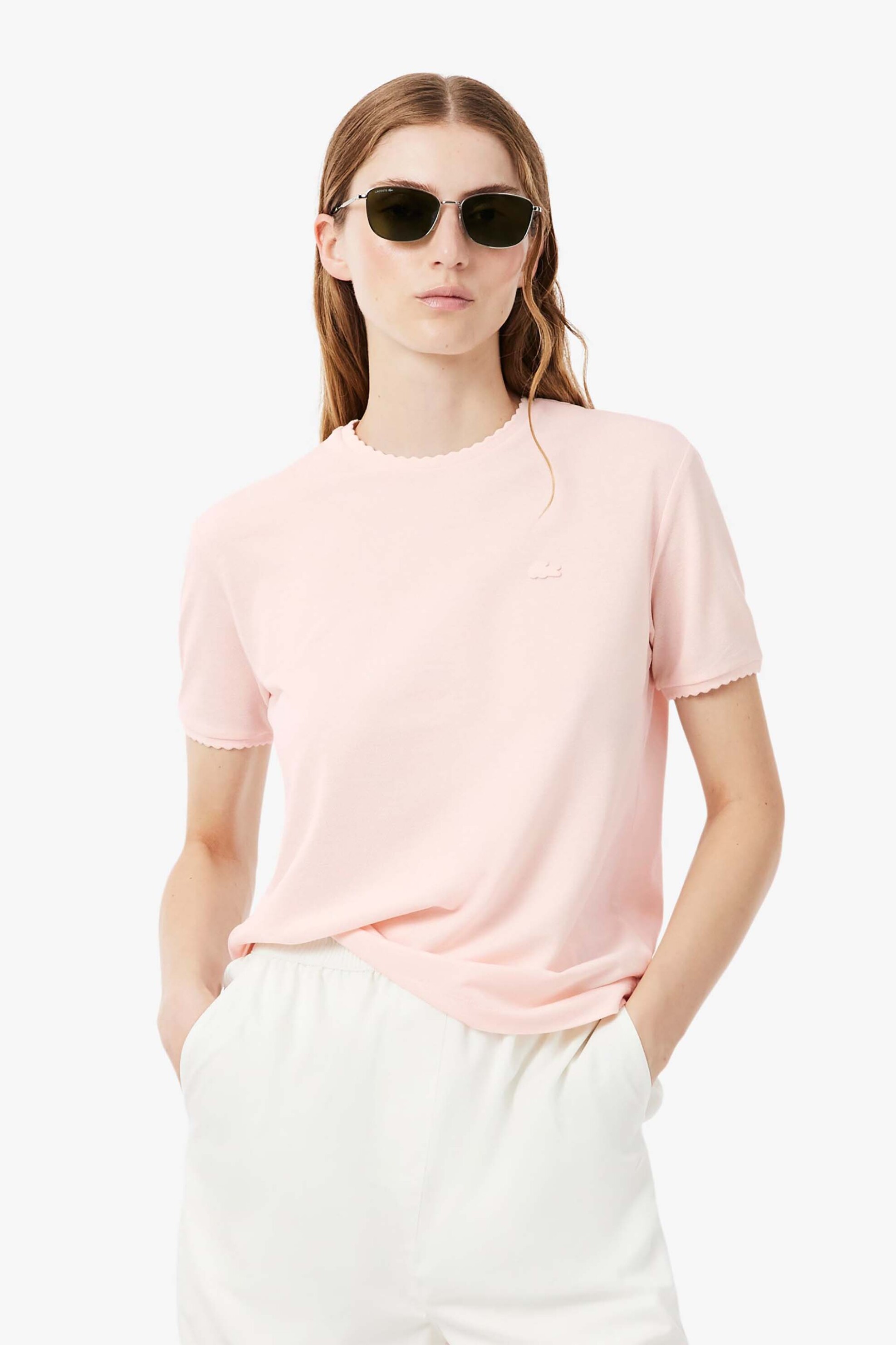 Lacoste γυναικείο T-shirt πικέ με scalloped trims και κεντημένο λογότυπο Slim Fit - TF8366 Ροζ Ανοιχτό