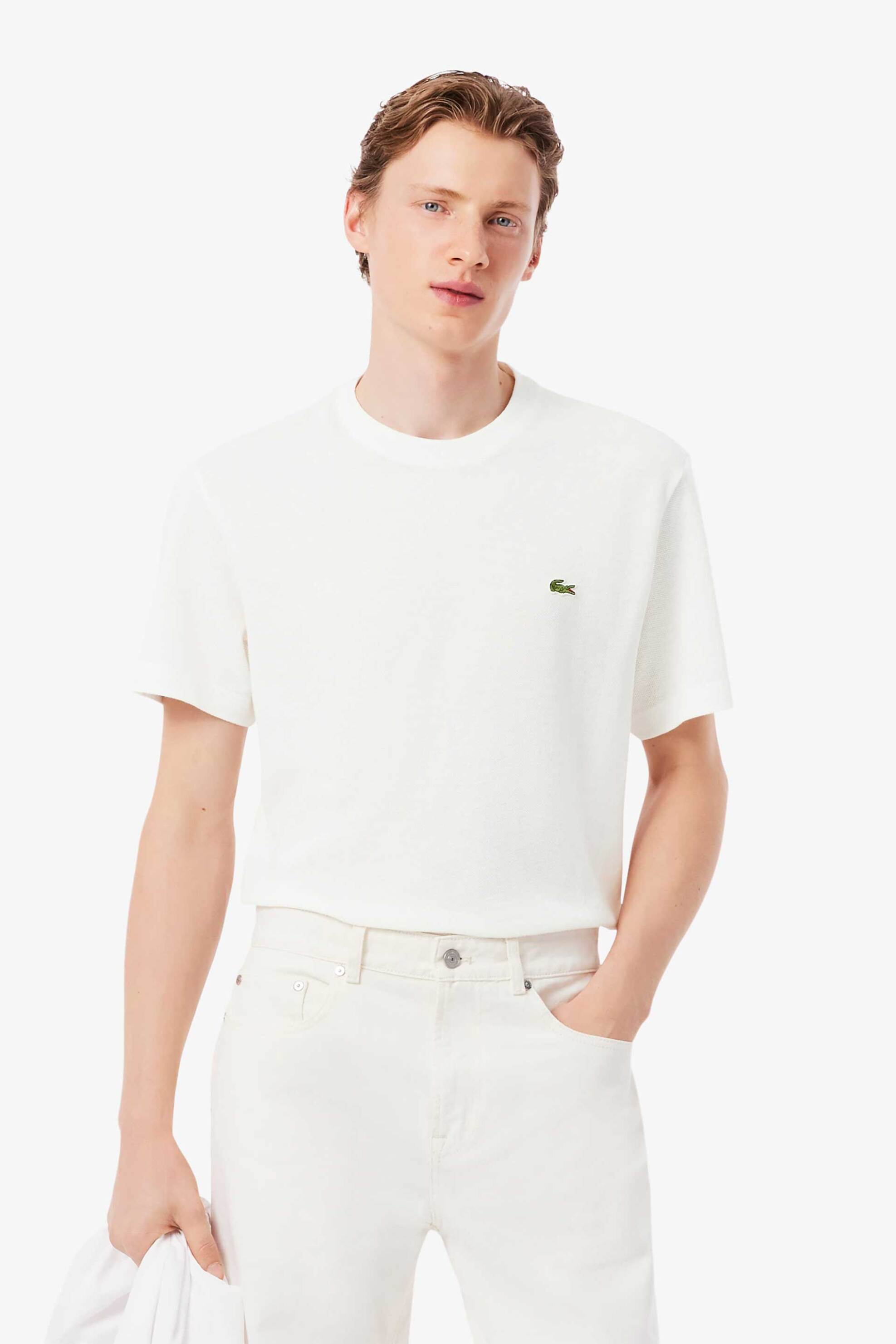 Lacoste ανδρικό T-shirt πικέ με λινάρι και κεντημένο λογότυπο Classic Fit - TH0629 Λευκό