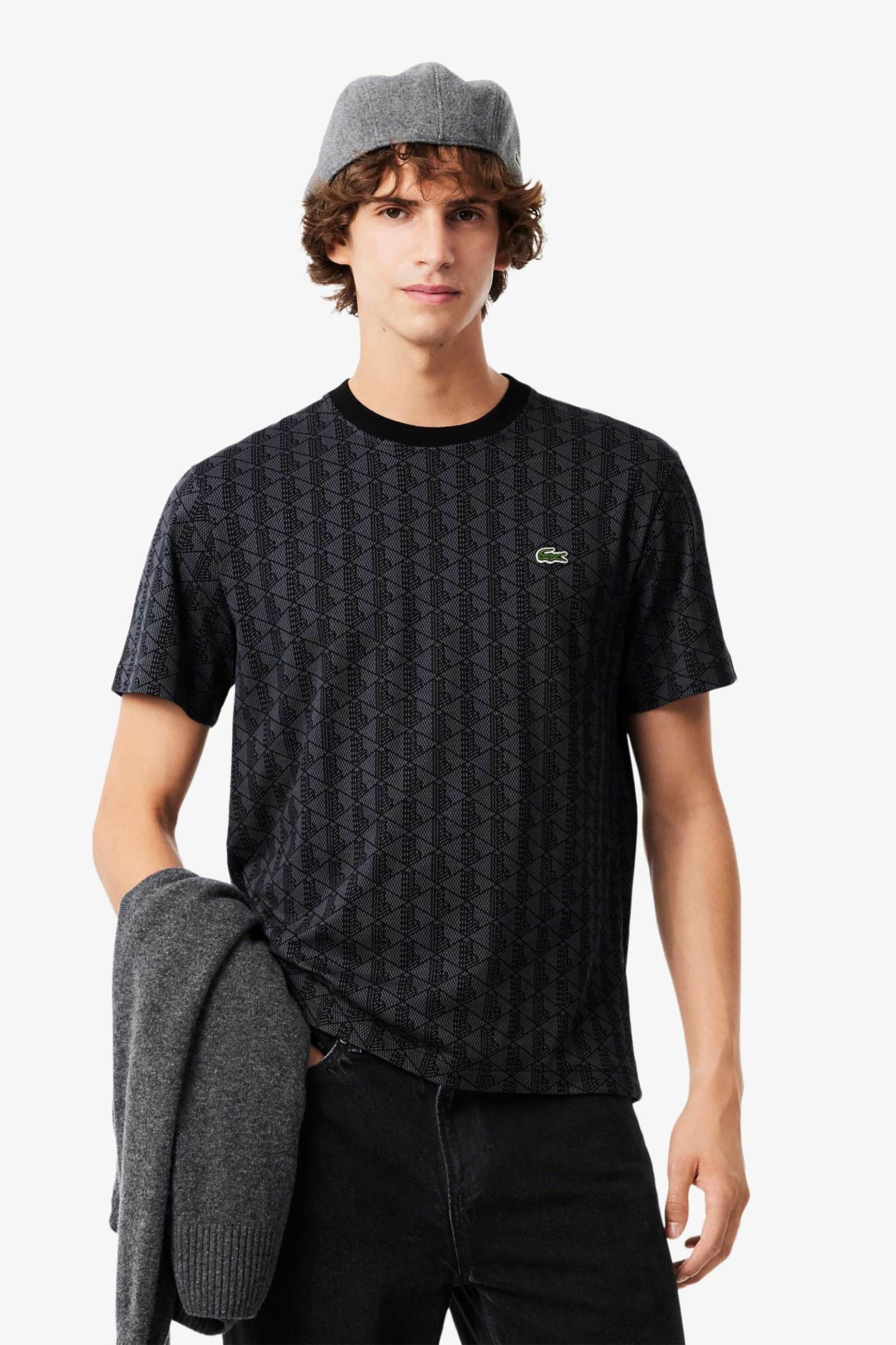 LACOSTE Lacoste ανδρικό T-shirt με all-over monogram και κεντημένο λογότυπο Classic Fit - TH5902-00 Ανθρακί