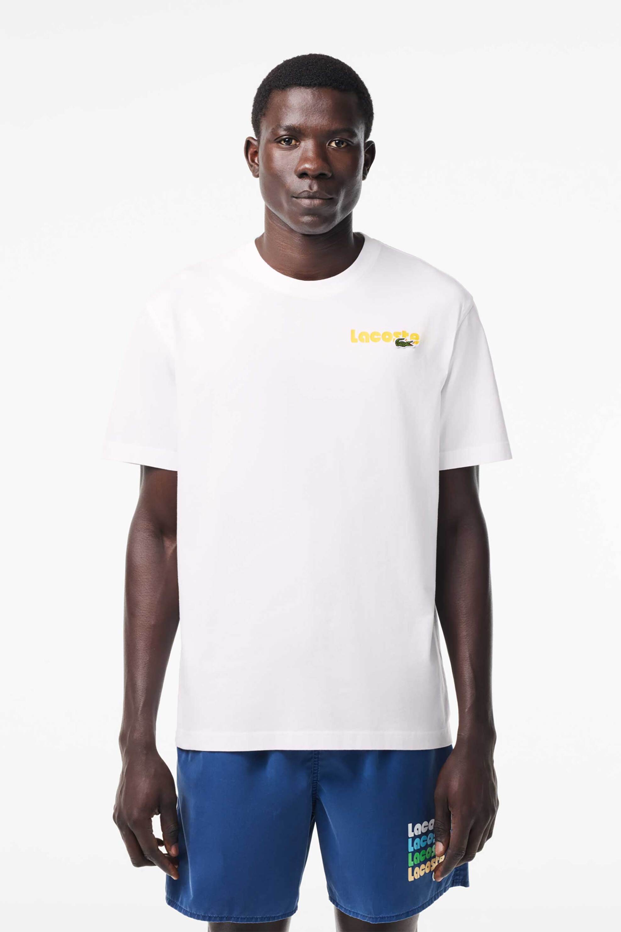 Ανδρική Μόδα > Ανδρικά Ρούχα > Ανδρικές Μπλούζες > Ανδρικά T-Shirts Lacoste ανδρικό βαμβακερό T-shirt μονόχρωμο με πολύχρωμο logo print - TH7544 Λευκό