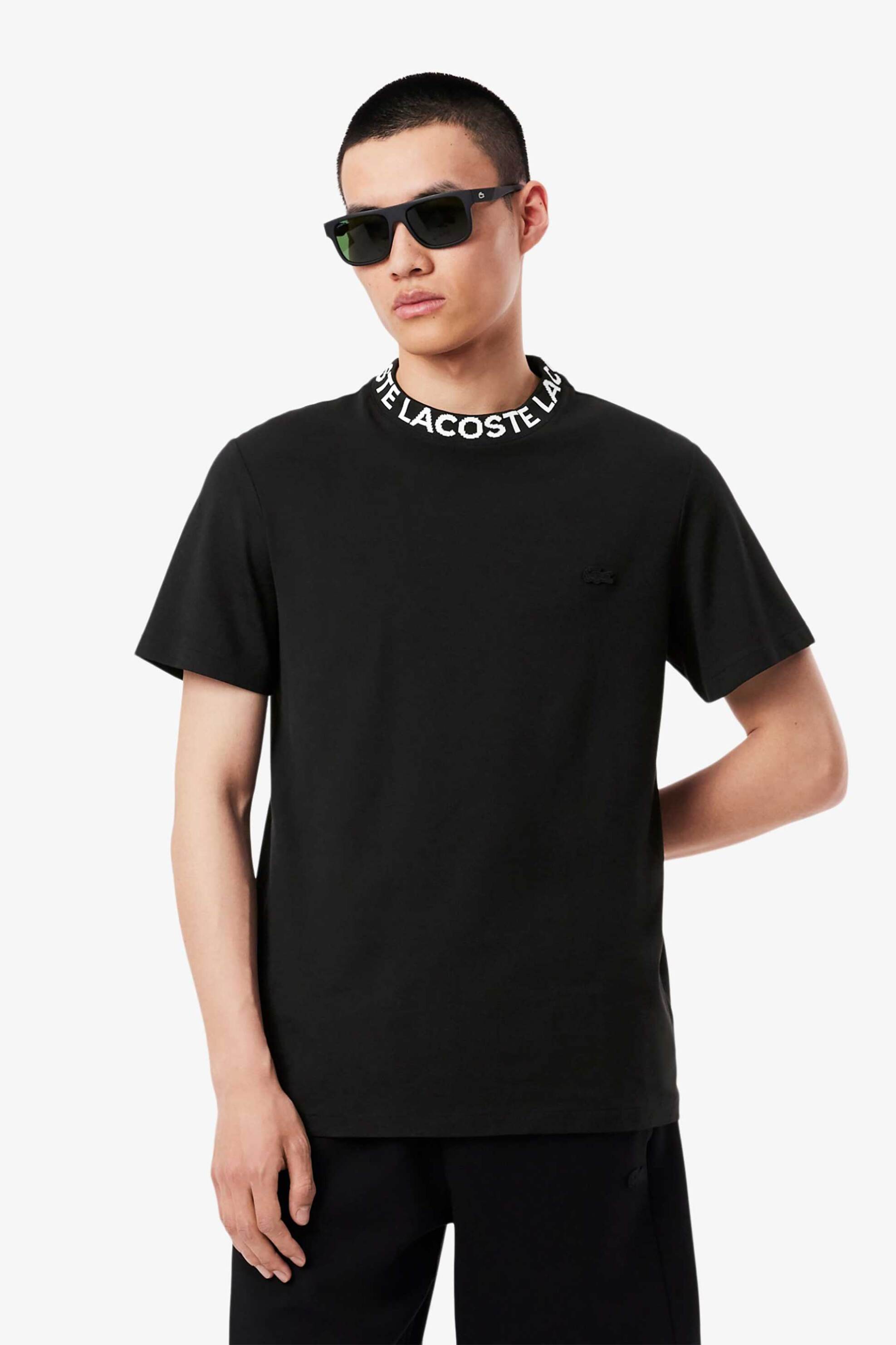 Lacoste ανδρικό T-shirt πικέ με logo tape στο γιακά Regular Fit - TH9582-00 Μαύρο