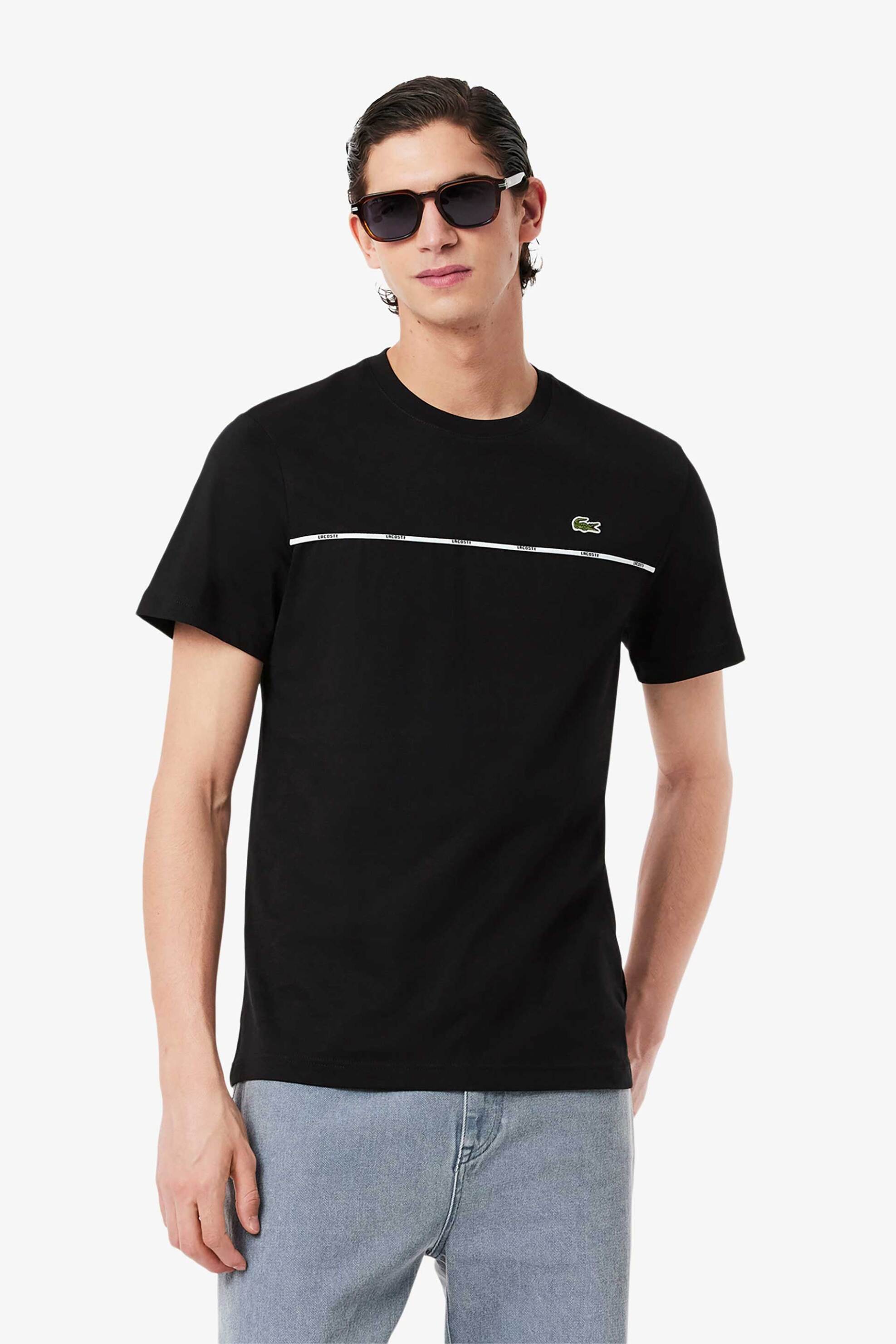 Lacoste ανδρικό T-shirt με contrast ρίγα και κεντημένο λογότυπο Regular Fit - TH9842-00 Μαύρο