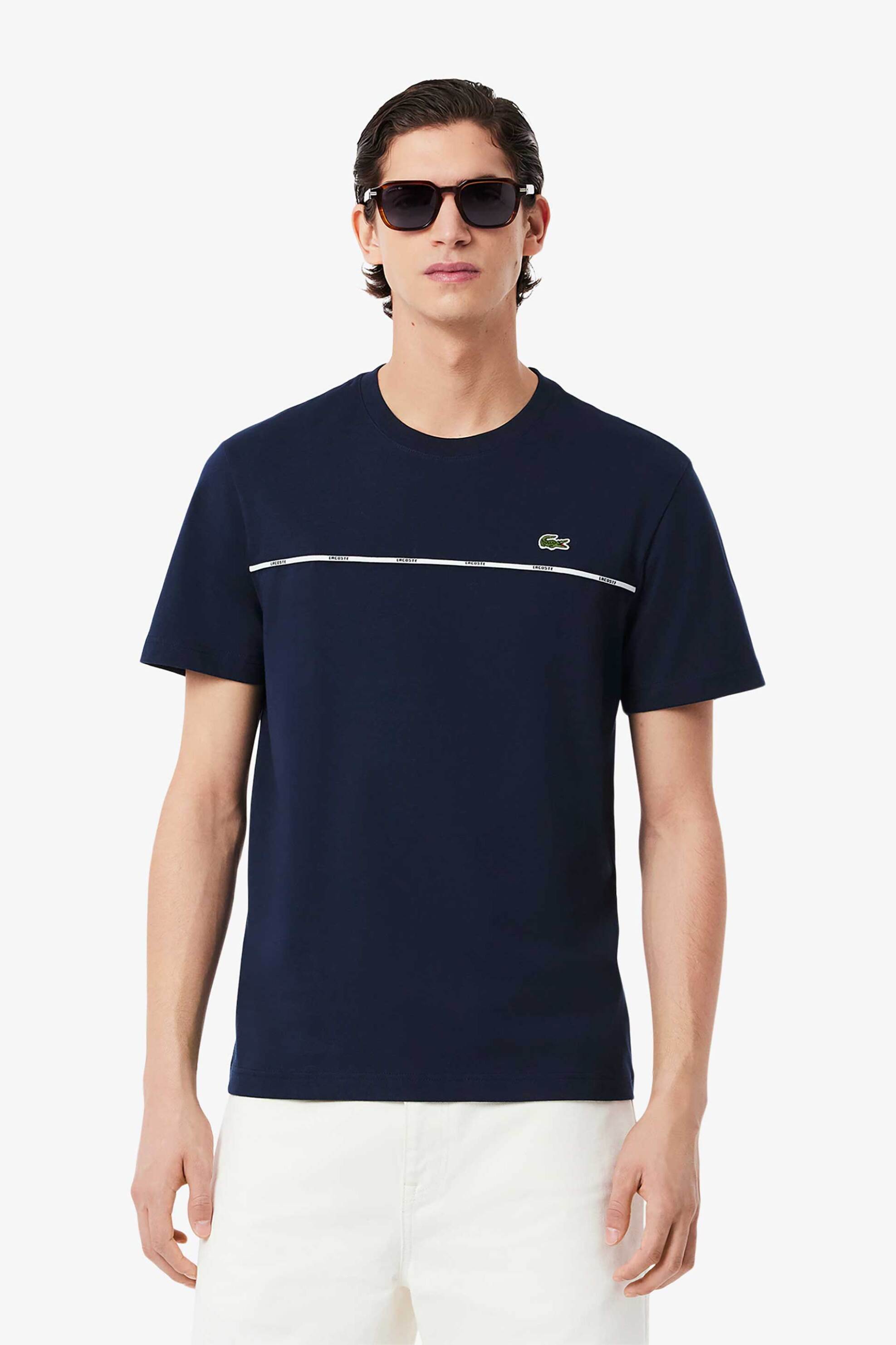 Lacoste ανδρικό T-shirt με contrast ρίγα και κεντημένο λογότυπο Regular Fit - TH9842-00 Μπλε Σκούρο
