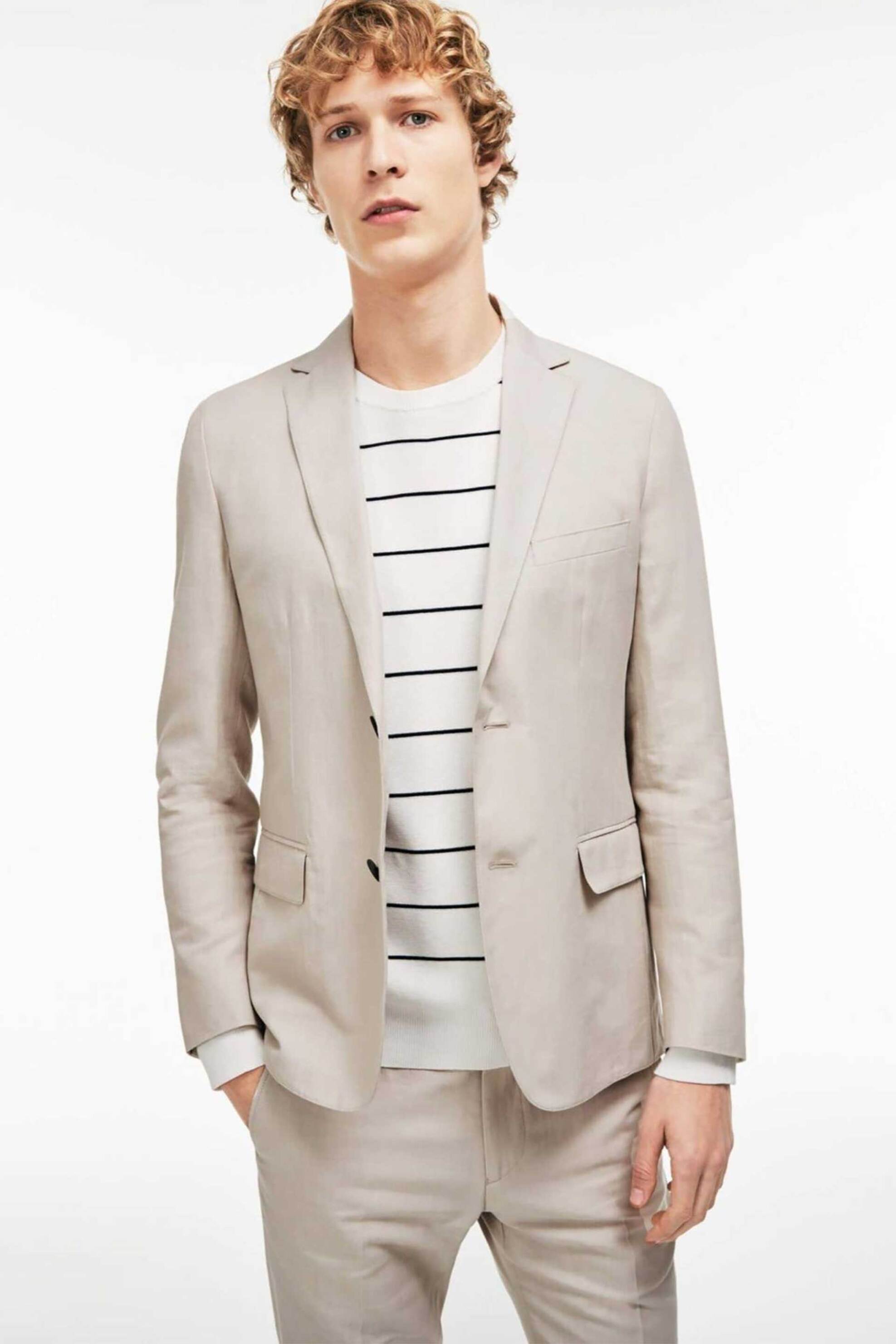 Lacoste ανδρικό σακάκι μονόχρωμο από βαμβάκι και λινάρι Slim Fit - VH5922 Κρέμ