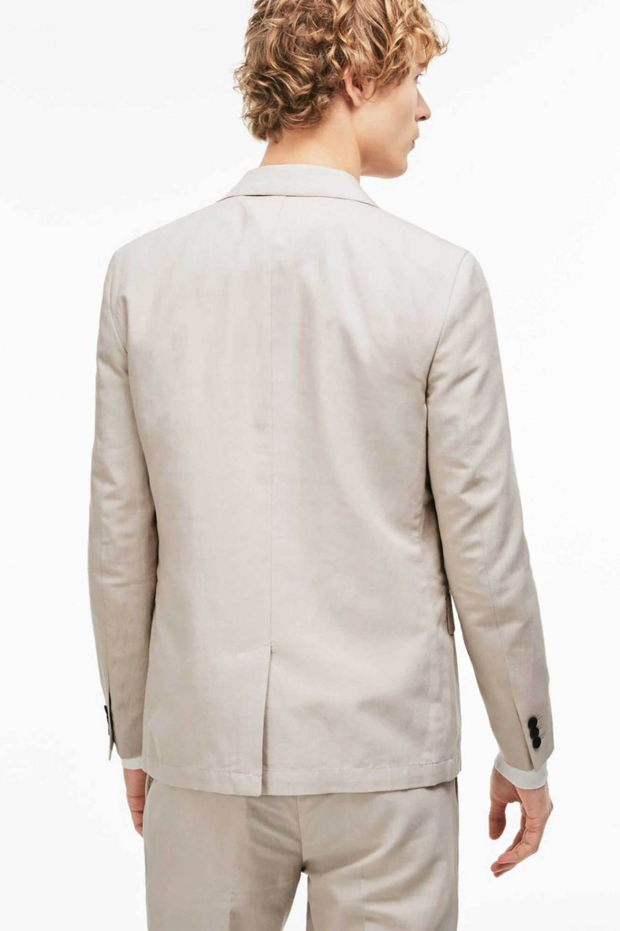 Lacoste ανδρικό σακάκι μονόχρωμο από βαμβάκι και λινάρι Slim Fit - VH5922 Κρέμ φωτογραφία