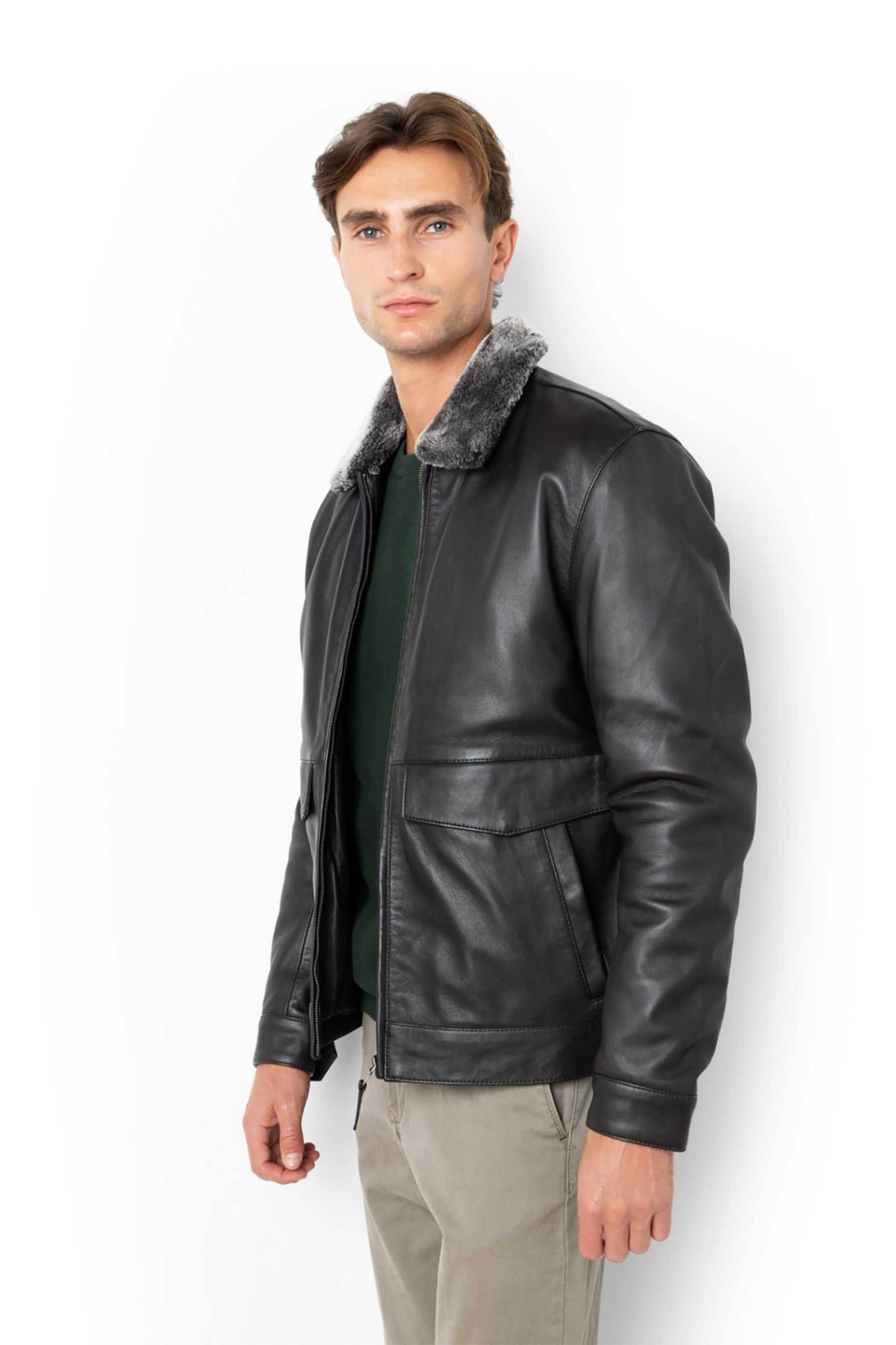 The Bostonians ανδρικό δερμάτινο μπουφάν με γιακά από faux γούνα Regular Fit - WL00112 Καφέ Σκούρο φωτογραφία