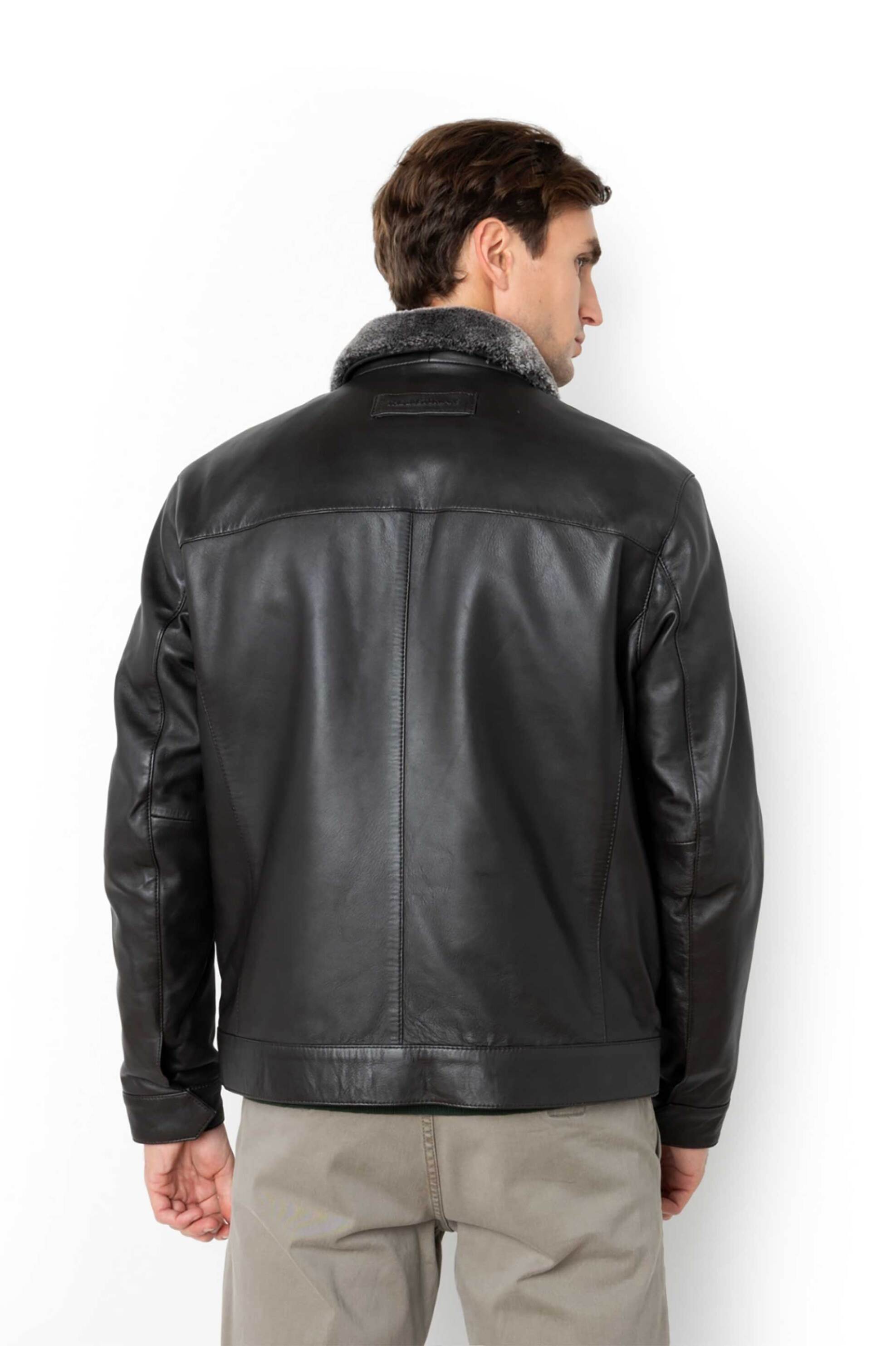 The Bostonians ανδρικό δερμάτινο μπουφάν με γιακά από faux γούνα Regular Fit - WL00112 Καφέ Σκούρο φωτογραφία