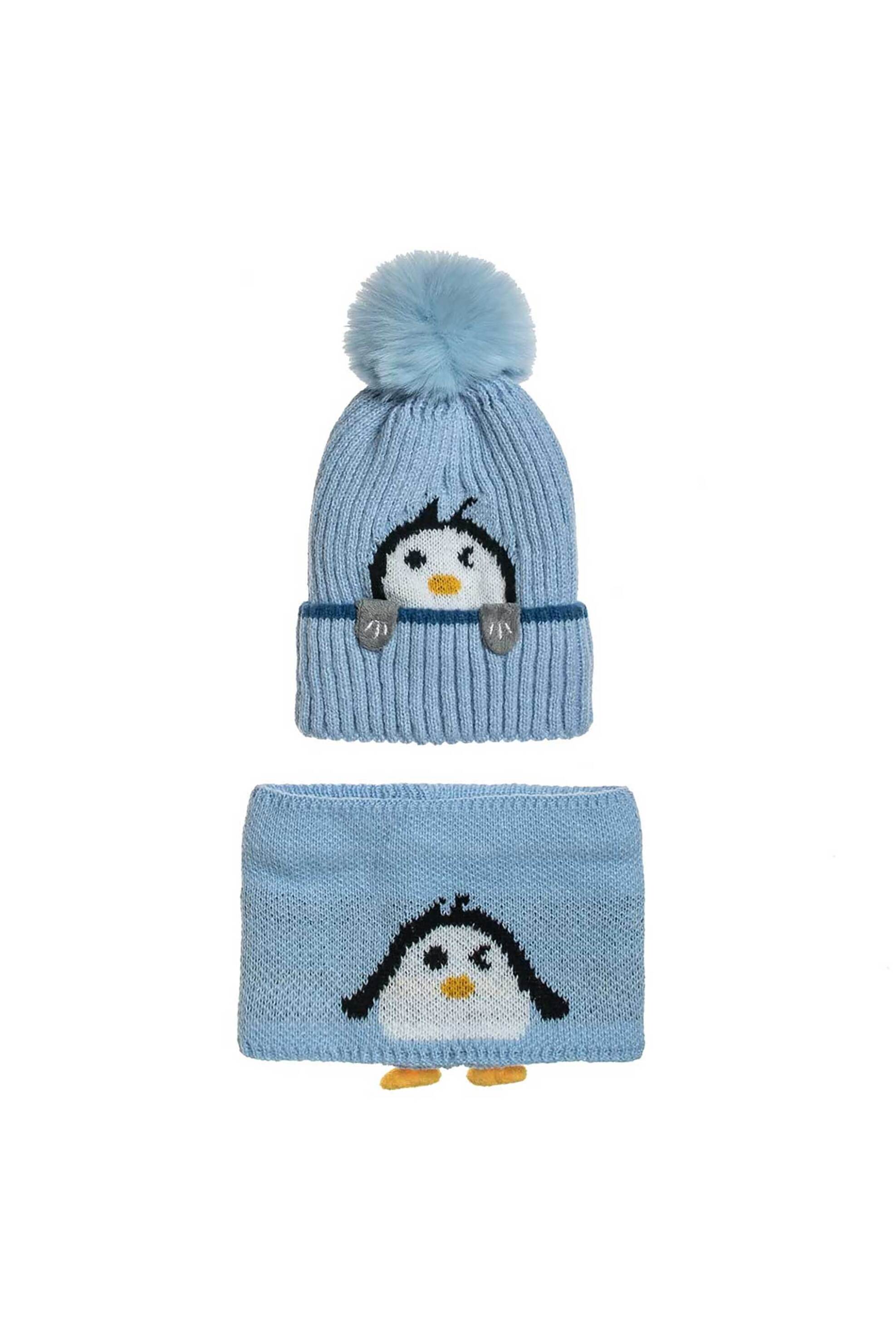ALOUETTE Alouette παιδικό σετ σκούφος και κασκόλ με σχέδιο πιγκουίνο και πομ πον (1-6 ετών) - 00030068 Μπλε Ανοιχτό