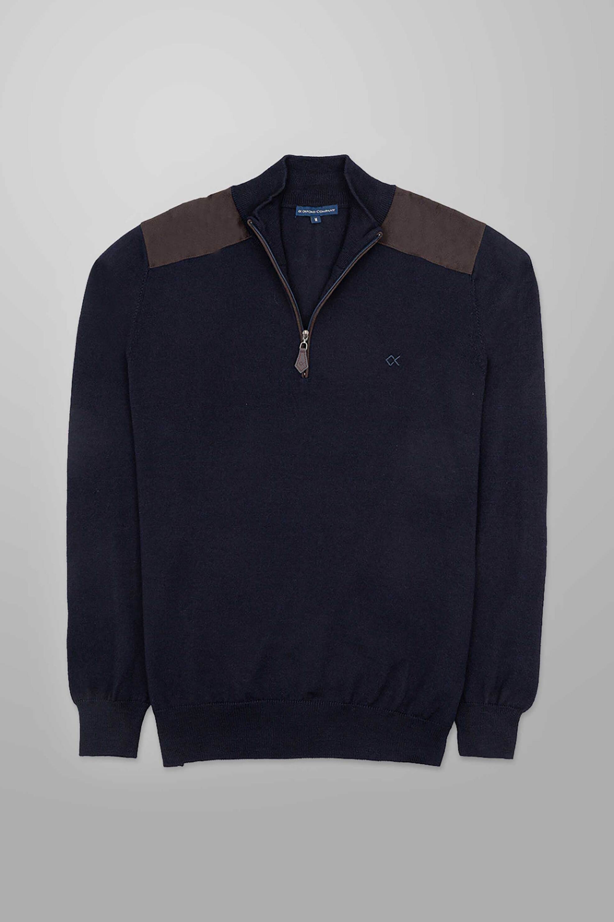 Oxford Company ανδρικό μάλλινο πουλόβερ με contrast ώμους και 1/2 φερμουάρ Regular Fit - X607-HW60.01 Μπλε Σκούρο