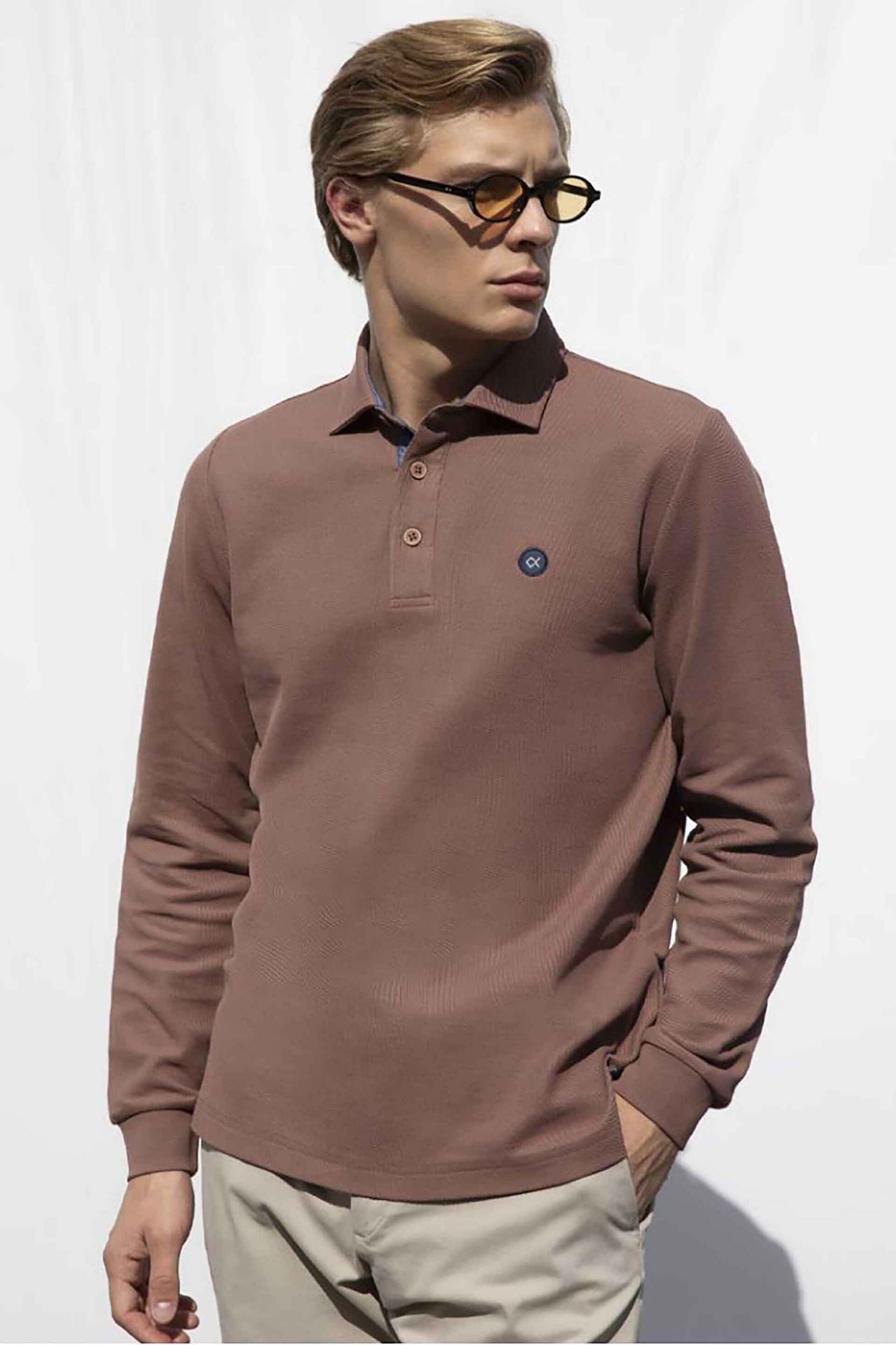 Oxford Company ανδρική μπλούζα πόλο πικέ μονόχρωμη με contrast λογότυπο Regular Fit - P617-PY50.40 Καφέ