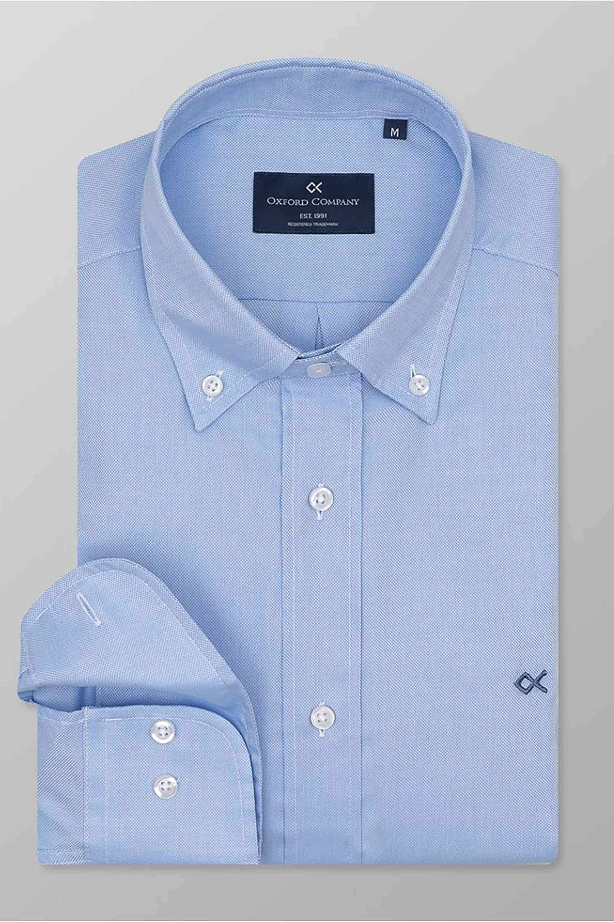 Oxford Company ανδρικό πουκάμισο button down μονόχρωμο με κεντημένο λογότυπο Regular Fit "Sport" - Z210-BU11.02 Μπλε Ανοιχτό