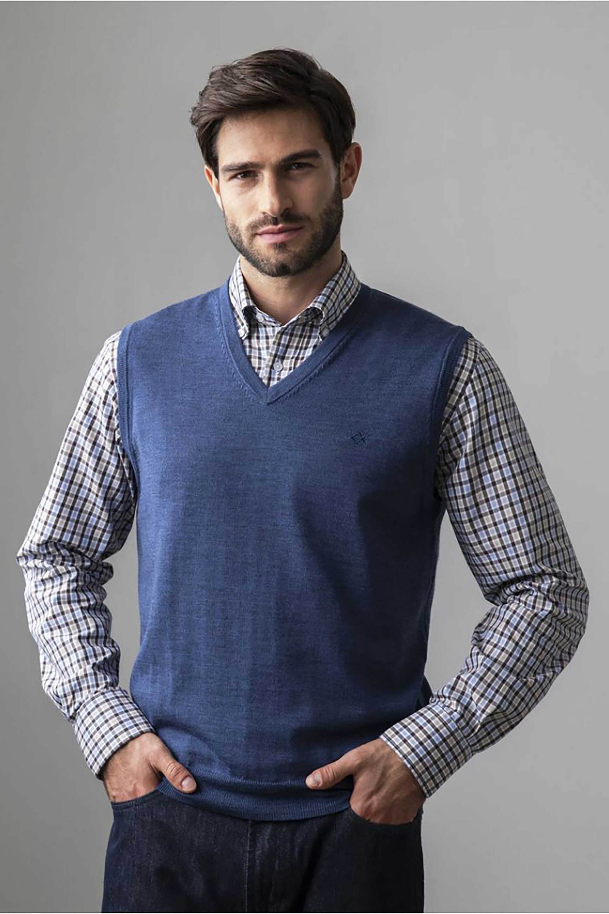 Oxford Company ανδρική μάλλινη αμάνικη μπλούζα μονόχρωμη με V και κεντημένο λογότυπο Regular Fit - X507-VU40.02 Μπλε