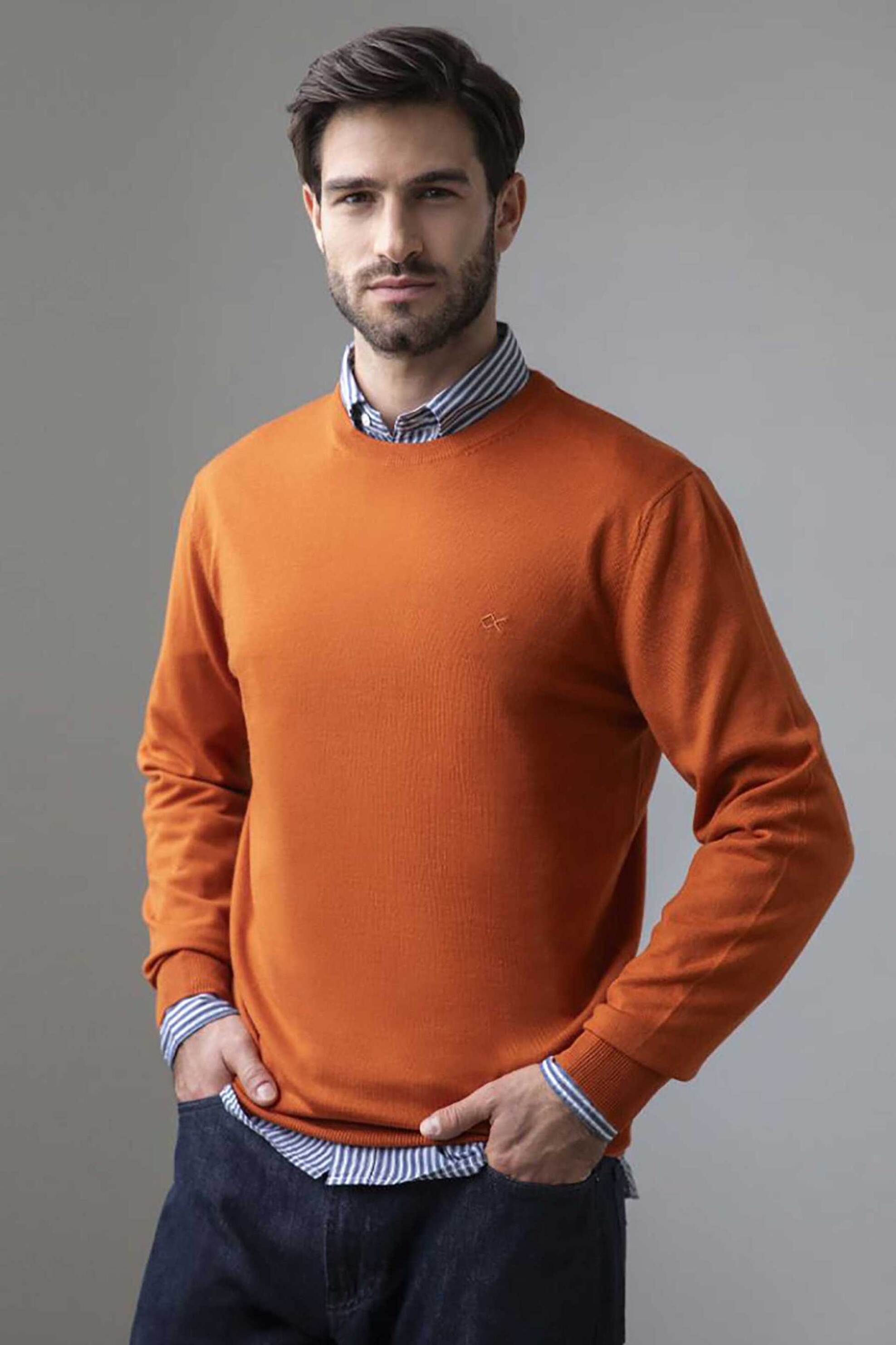 Oxford Company ανδρικό μάλλινο πουλόβερ μονόχρωμο με κεντημένο λογότυπο Regular Fit - X507-MU20.12 Πορτοκαλί