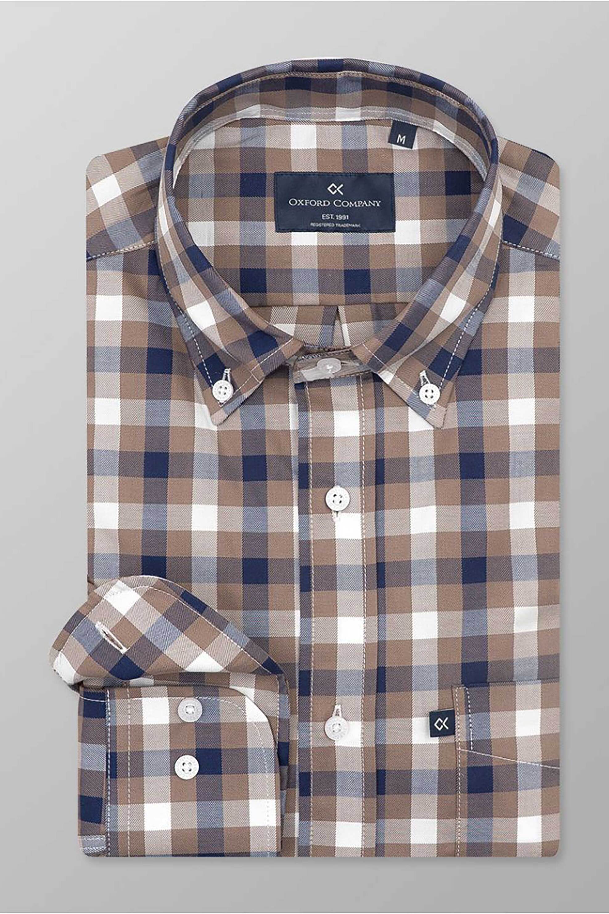 Oxford Company ανδρικό πουκάμισο button down με καρό σχέδιο Regular Fit "Sport" - T131-BY11.01 Καφέ Ανοιχτό