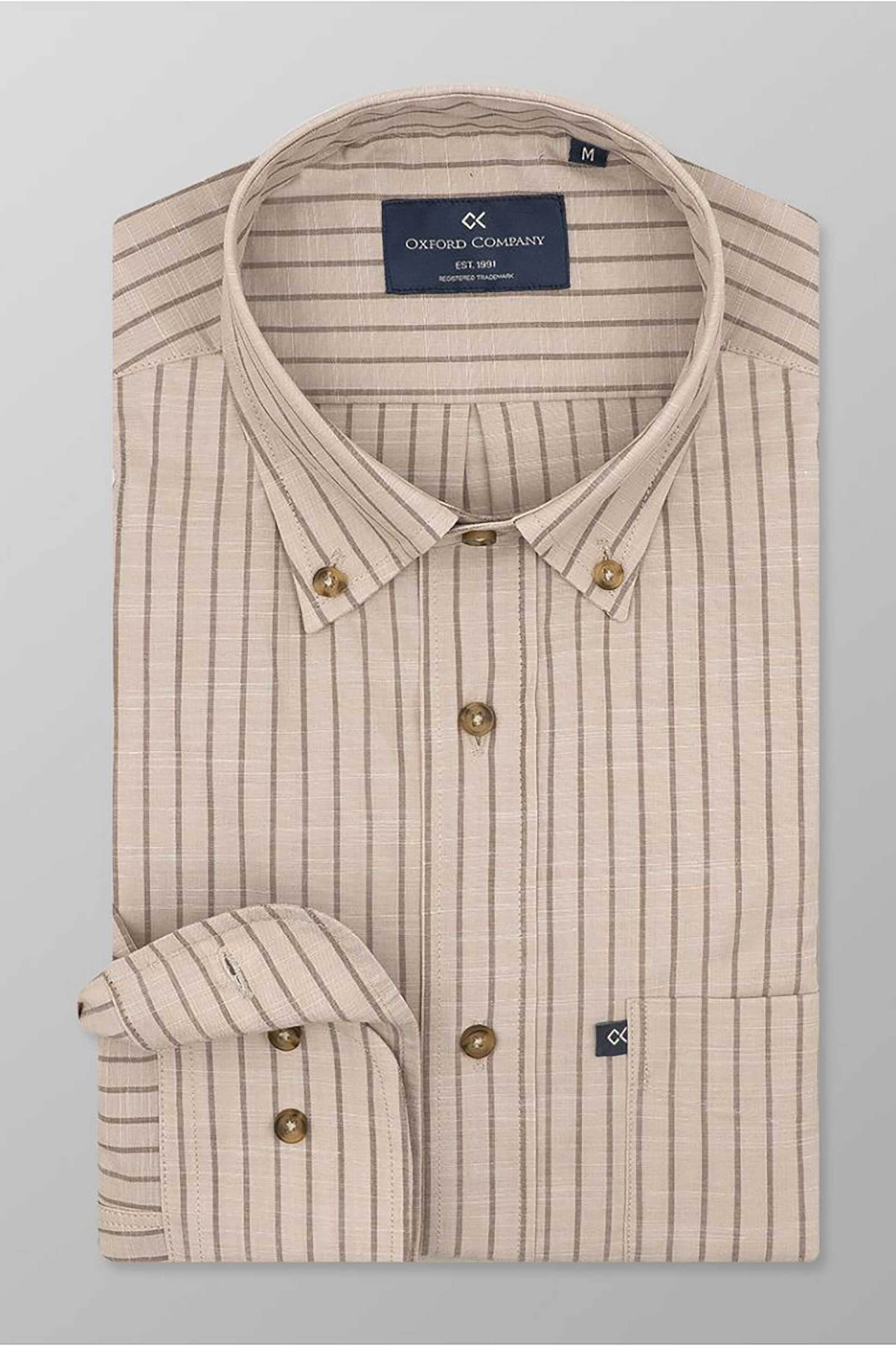 Oxford Company ανδρικό sport πουκάμισο button down ριγέ Regular Fit - F120-BZ10.01 Μπεζ