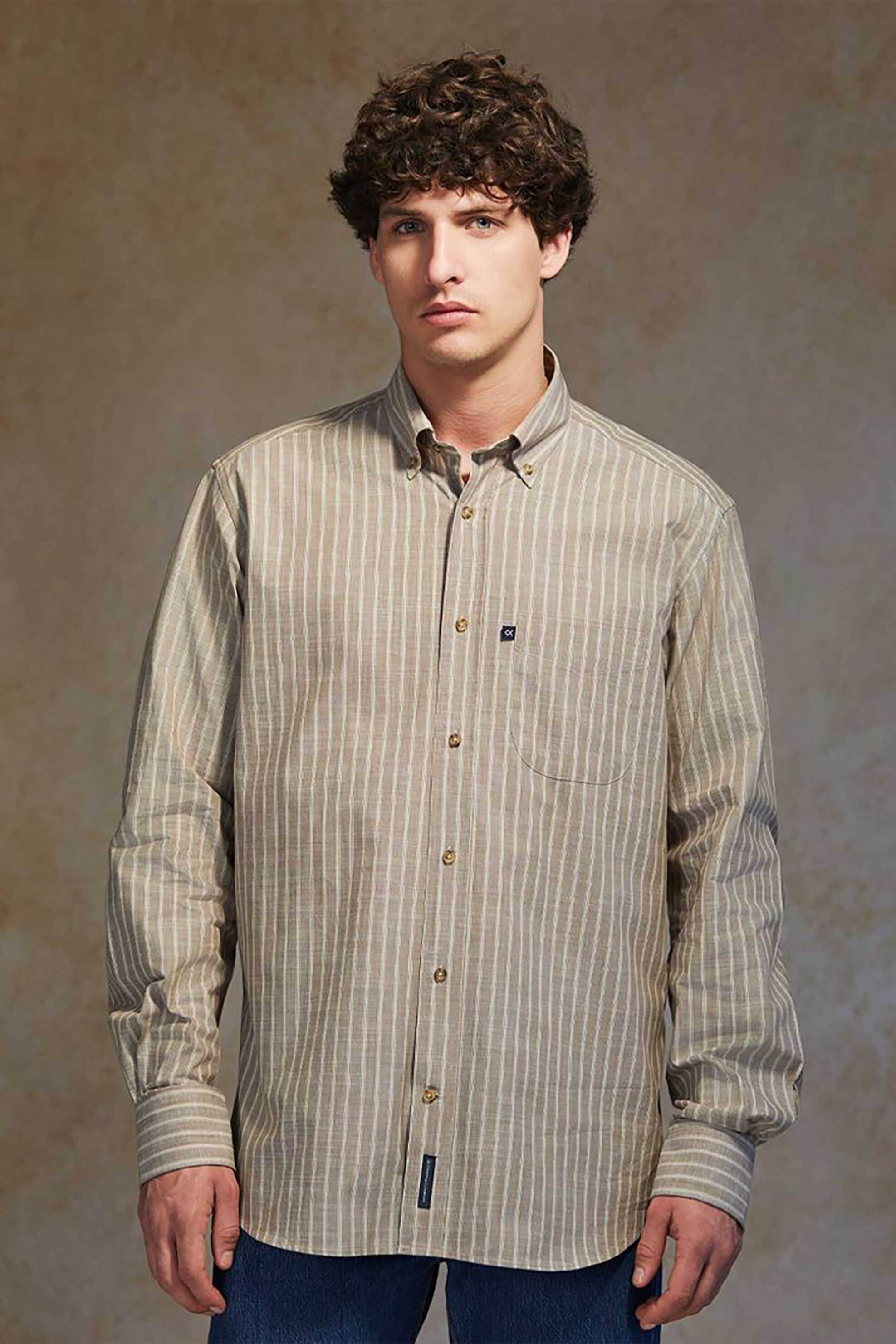 Oxford Company ανδρικό sport πουκάμισο button down ριγέ Regular Fit - F121-BZ10.01 Καφέ Ανοιχτό