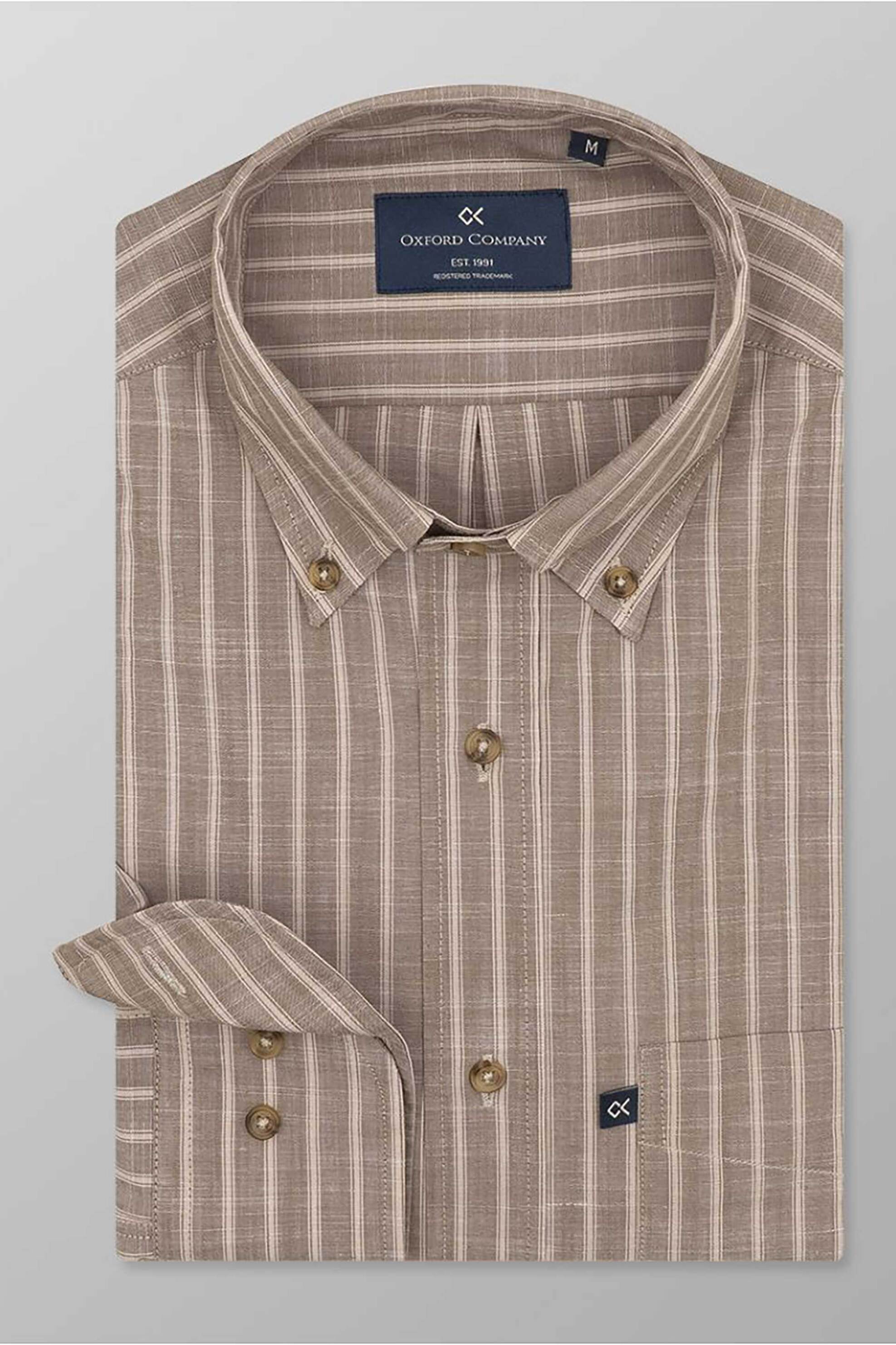 Oxford Company Ανδρικό Sport Πουκάμισο Button Down Ριγέ Regular Fit - F121-Bz10 01 Καφέ Ανοιχτό