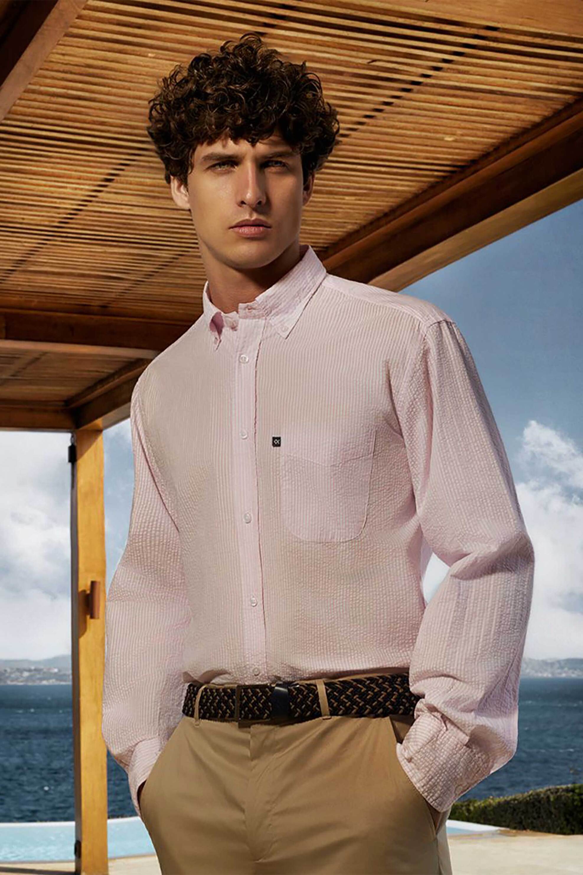 Oxford Company ανδρικό sport πουκάμισο button down ριγέ Regular Fit - M122-BZ10.02 Λευκό - Κόκκινο