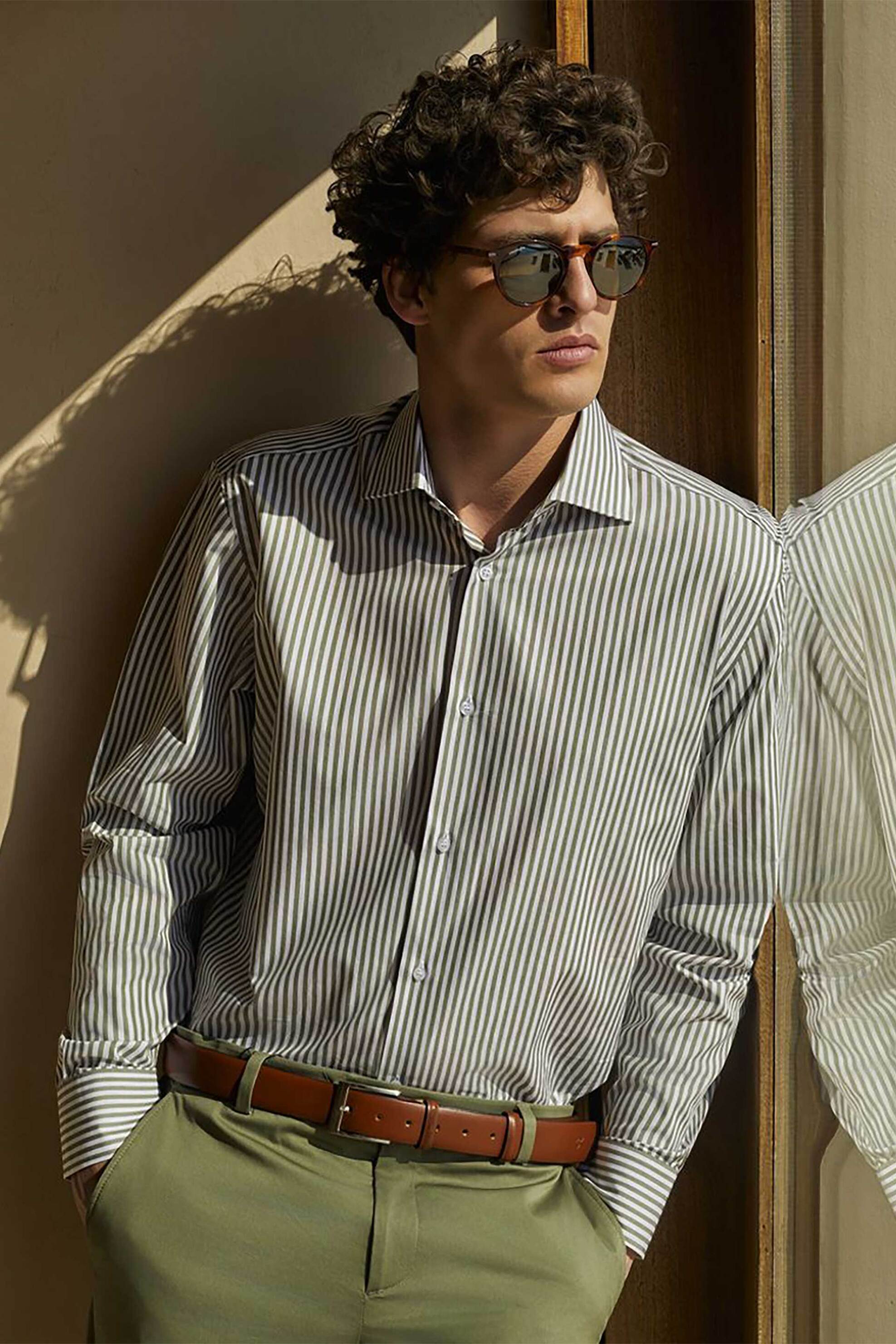 Oxford Company ανδρικό Classic πουκάμισο ριγέ Regular Fit Club - M325NRZ20.02 Λαδί