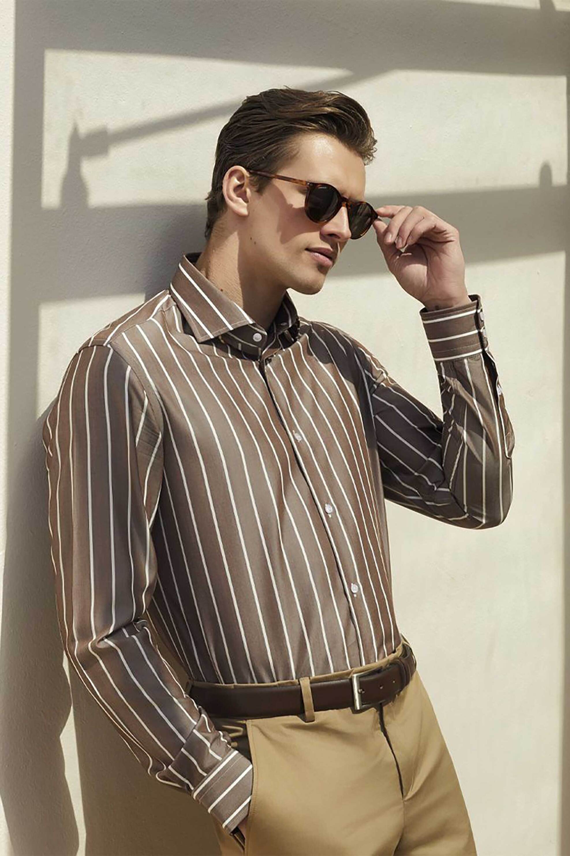 Oxford Company ανδρικό Classic πουκάμισο ριγέ Slim Fit Club - M328NRZ21.01 Καφέ