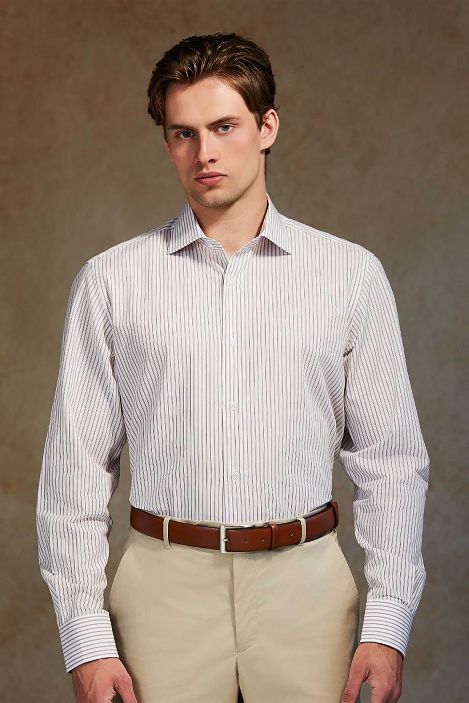 Oxford Company ανδρικό Classic πουκάμισο ριγέ Regular Fit Club - M321NRZ20.01 Λευκό-Καφέ