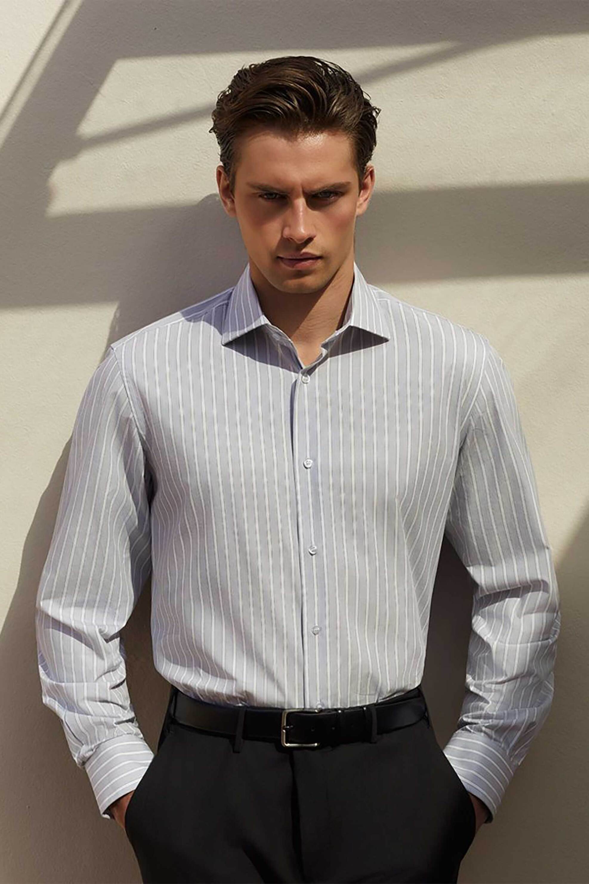 Oxford Company ανδρικό Classic πουκάμισο ριγέ Regular Fit Club - M322NRZ20.02 Γκρι