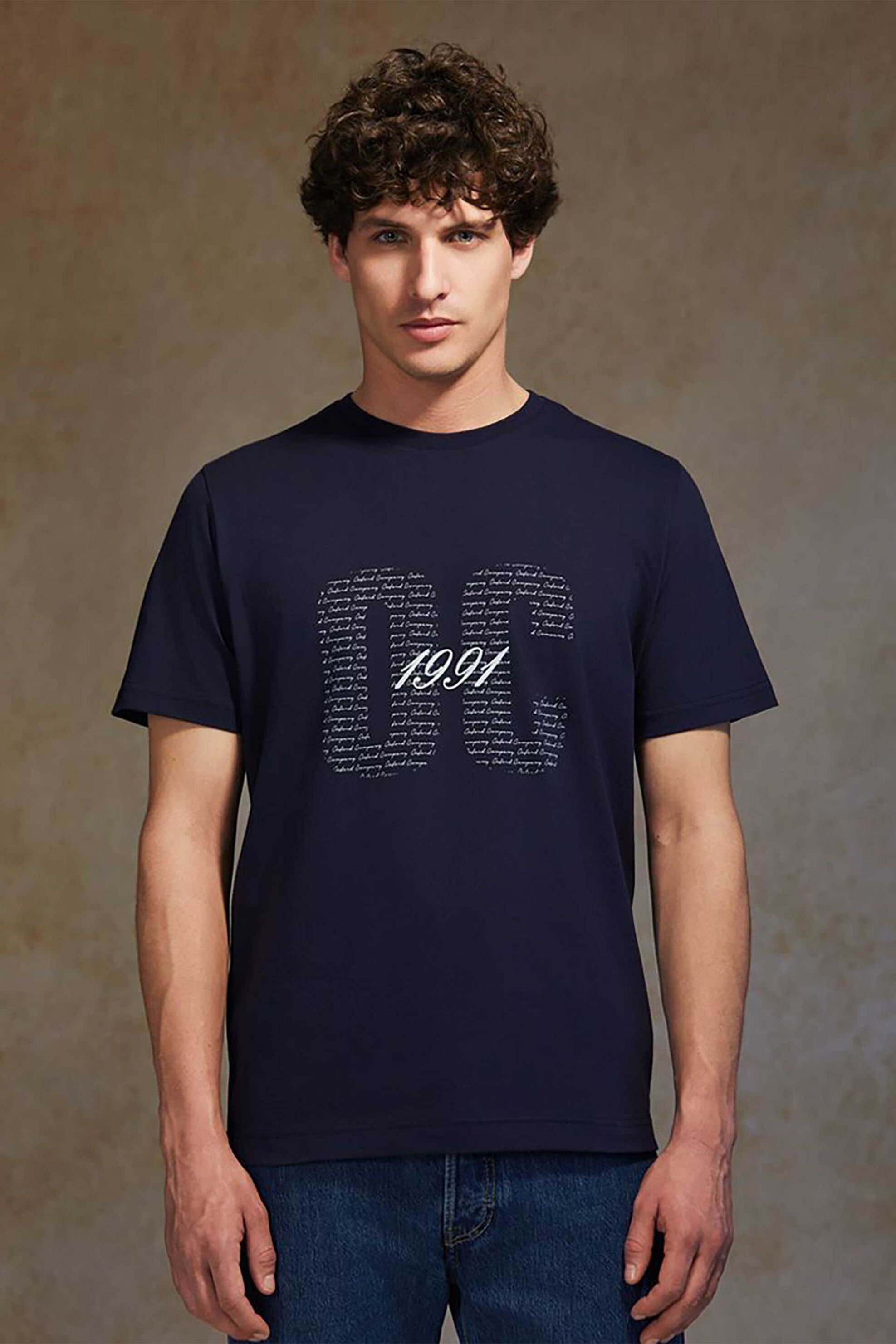 Oxford Company ανδρικό T-shirt μονόχρωμο με λογότυπο και print Regular Fit - K503-MZ20.17 Μπλε Σκούρο