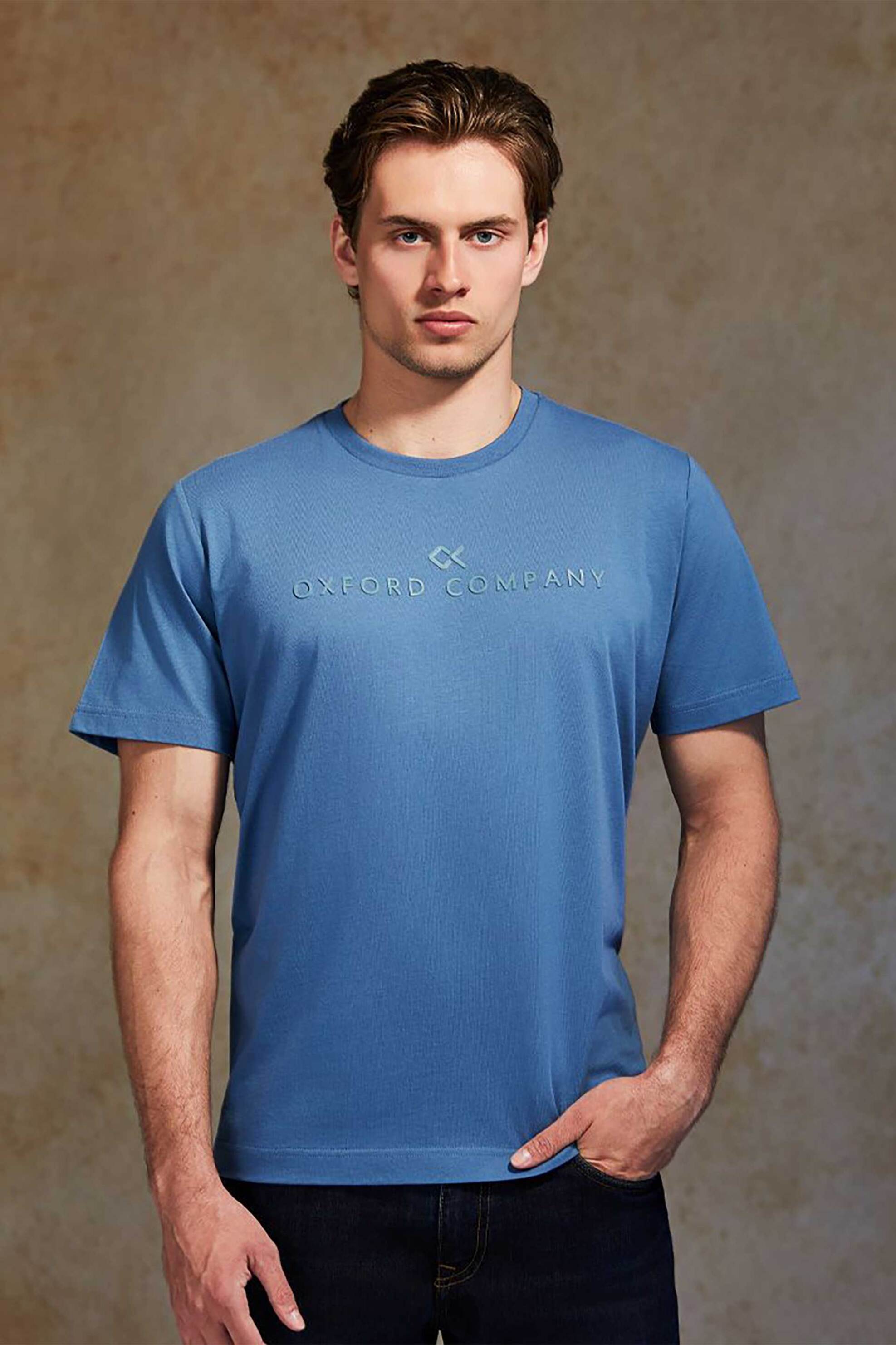 Oxford Company ανδρικό T-shirt μονόχρωμο με κεντημένο λογότυπο Regular Fit - K501-MZ20.16 Μπλε