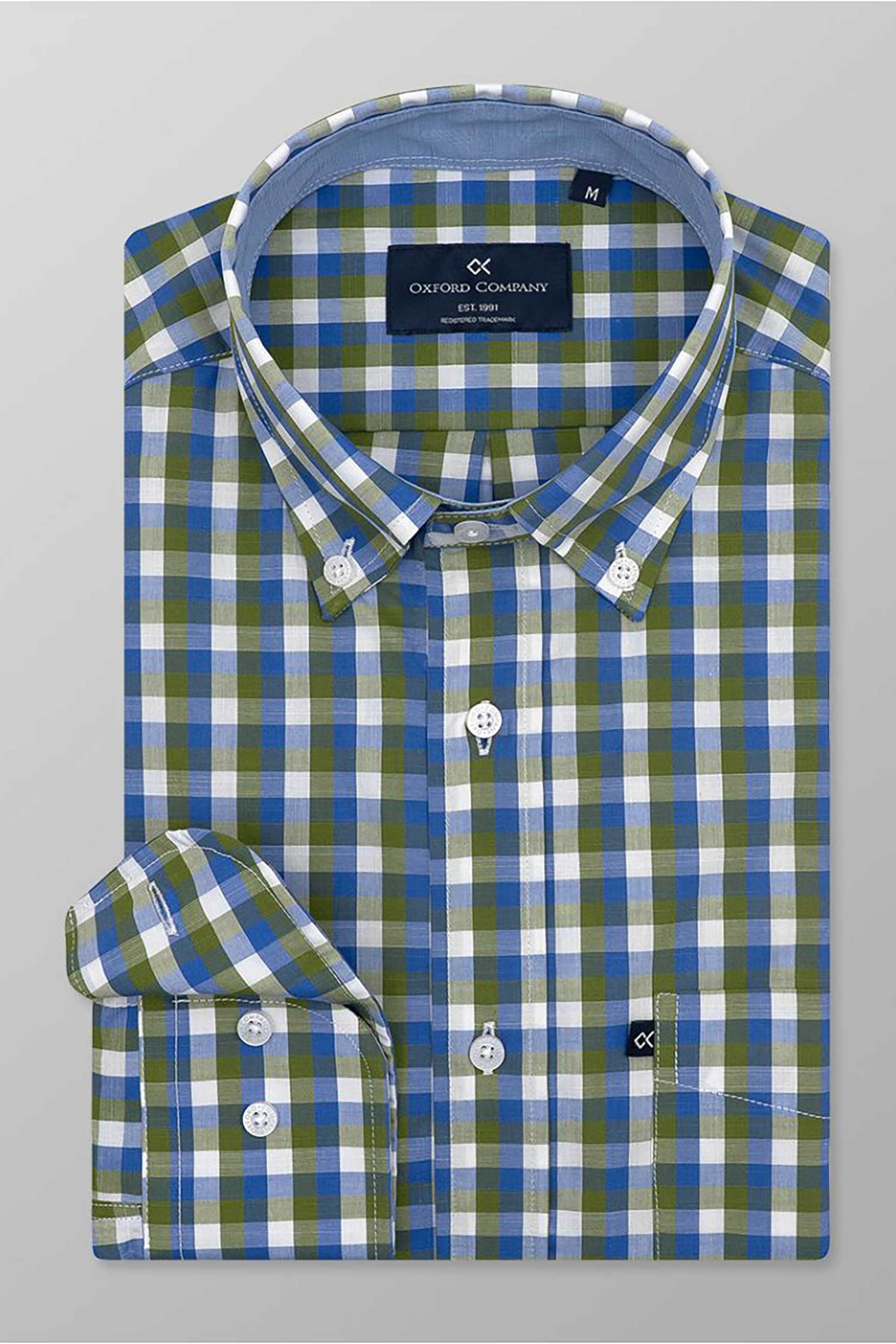 Oxford Company ανδρικό sport πουκάμισο button down καρό Regular Fit - F132-BZ10.03 Μπλε-Πράσινο
