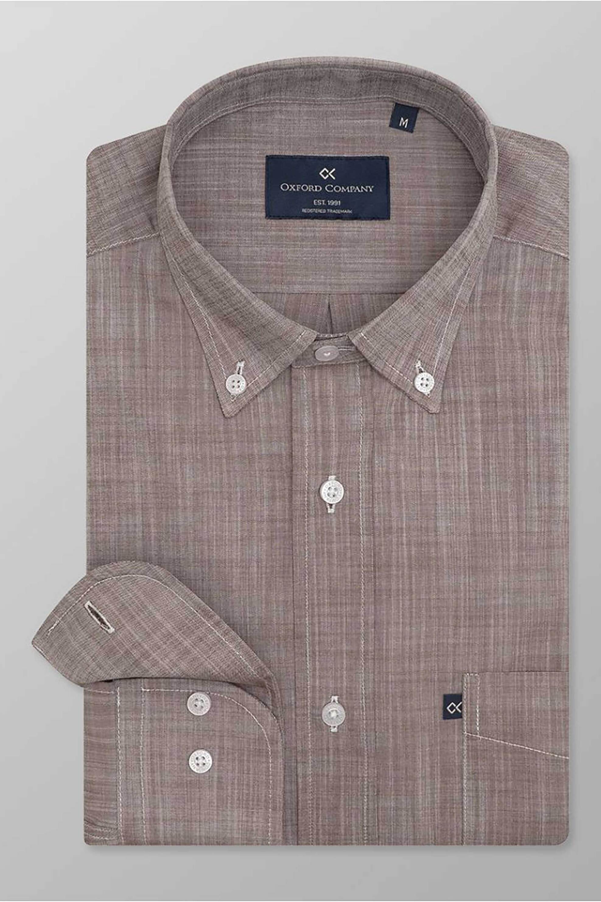 Oxford Company ανδρικό sport πουκάμισο button down μονόχρωμο Regular Fit - F110-BZ10.07 Καφέ Ανοιχτό