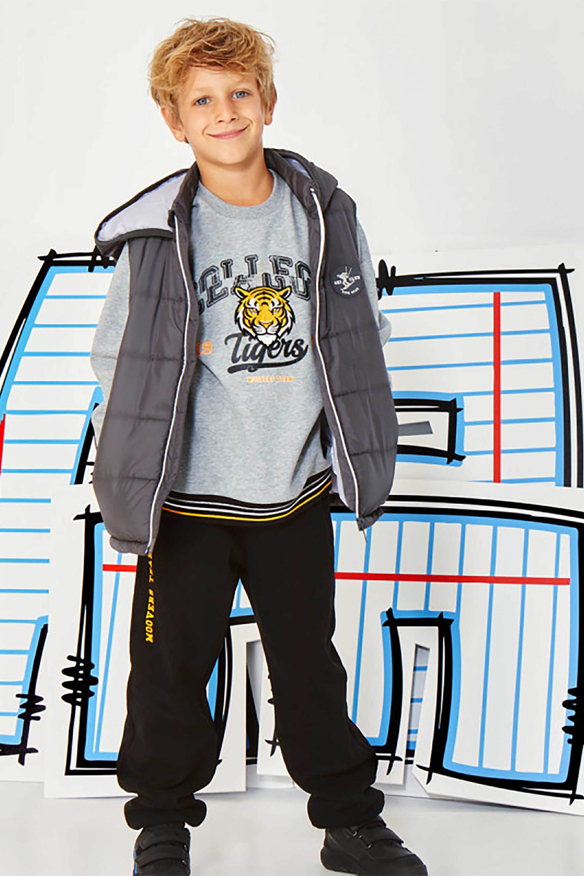 Alouette παιδικό αμάνικο μπουφάν με καπιτονέ σχέδιο και κουκούλα "Five Star" (6-16 ετών) - 00952976 Ανθρακί