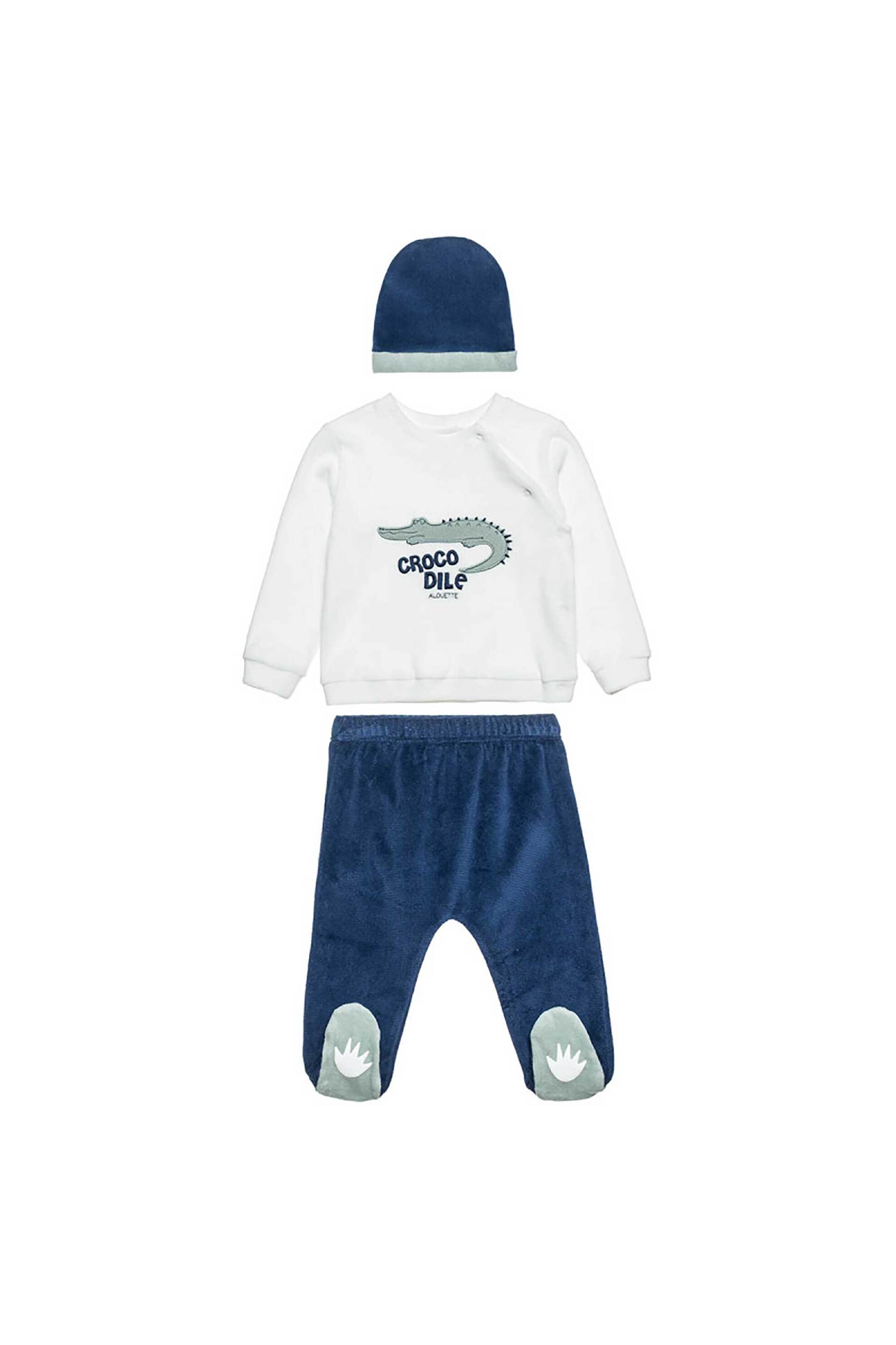 ALOUETTE Alouette βρεφικό σετ βελουτέ μπλούζα, παντελονάκι και σκουφάκι με print ''Tender Comforts'' (3-12 μηνών) - 00470941 Εκρού