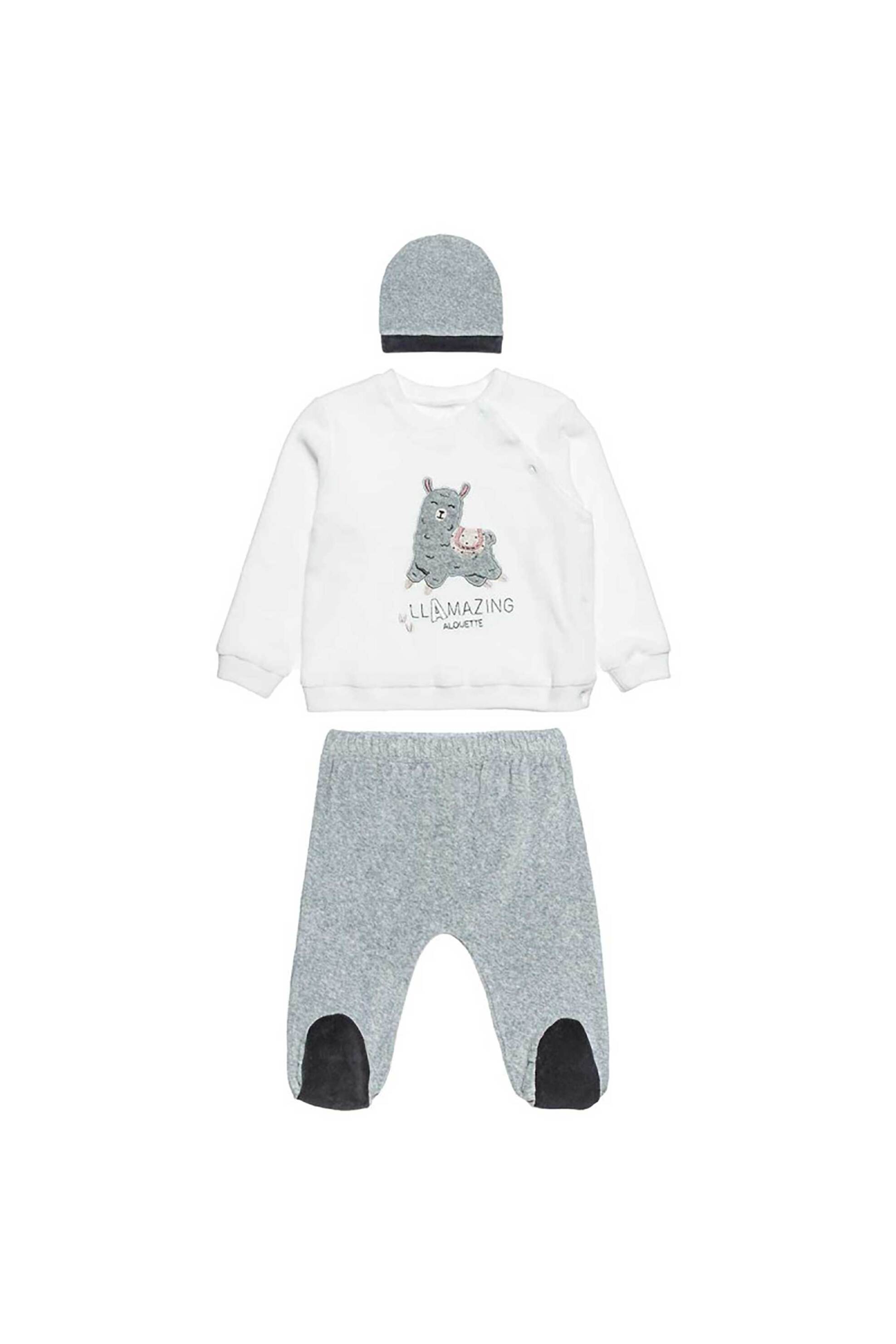 Alouette βρεφικό σετ βελουτέ μπλούζα, παντελονάκι και σκουφάκι με print ''Tender Comforts'' (3-12 μηνών) - 00470940 Γκρι