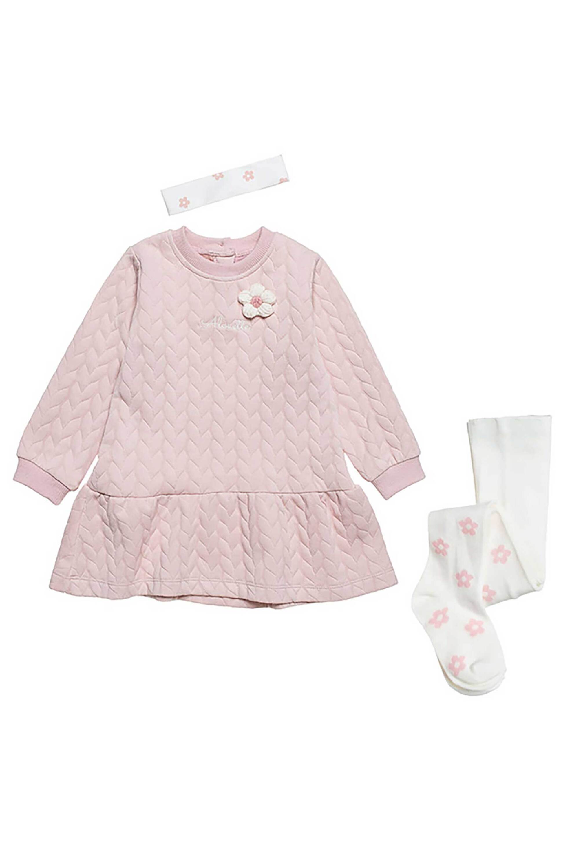Alouette παιδικό σετ φόρεμα, καλσόν και κορδέλα με κεντητό λουλούδι (6 μηνών-4 ετών) - 00440590 Ροζ