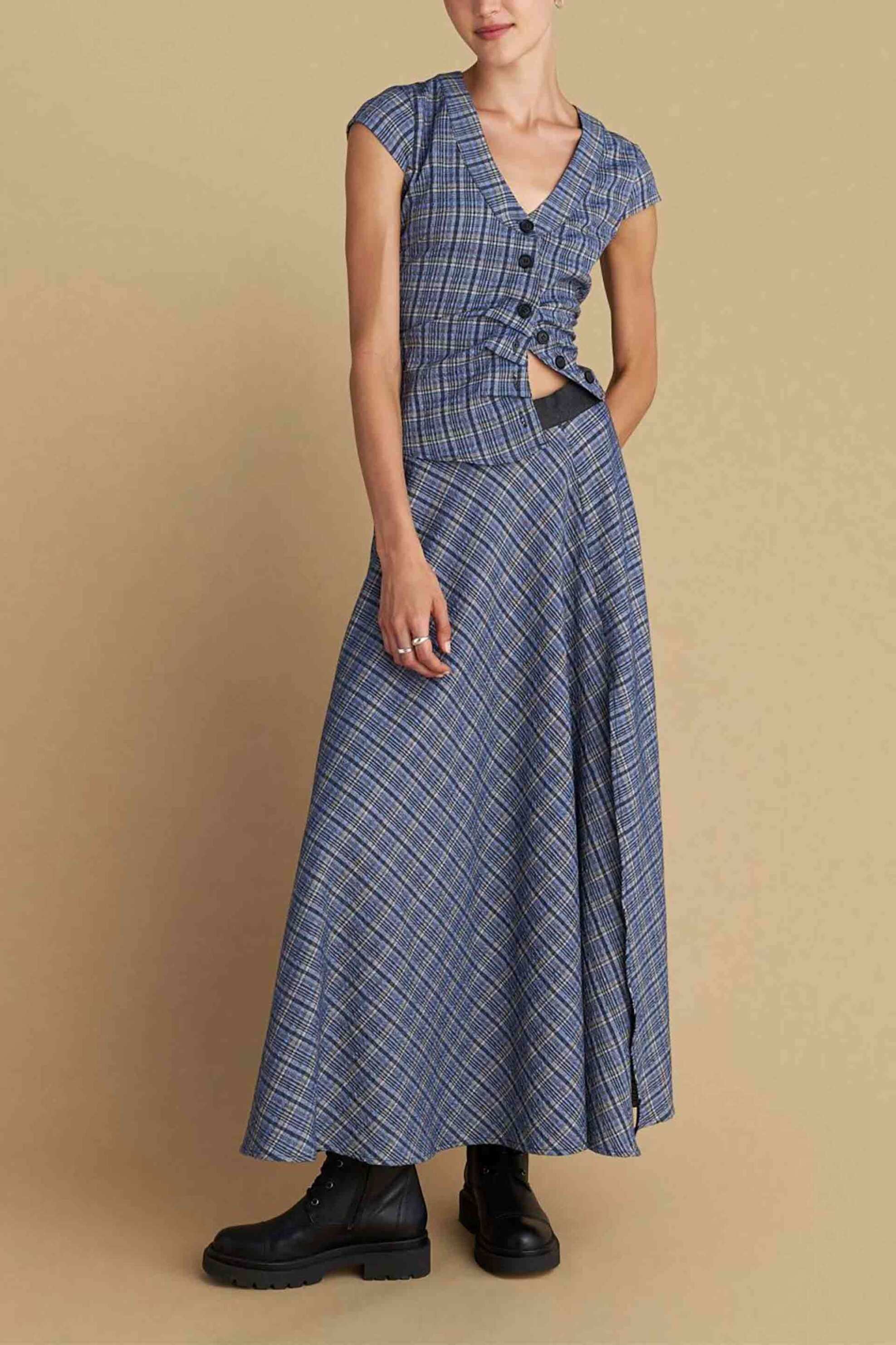 ATTRATTIVO Attrativo γυναικεία maxi φούστα με καρό σχέδιο και άνοιγμα - 92008500 Μπλε Σκούρο