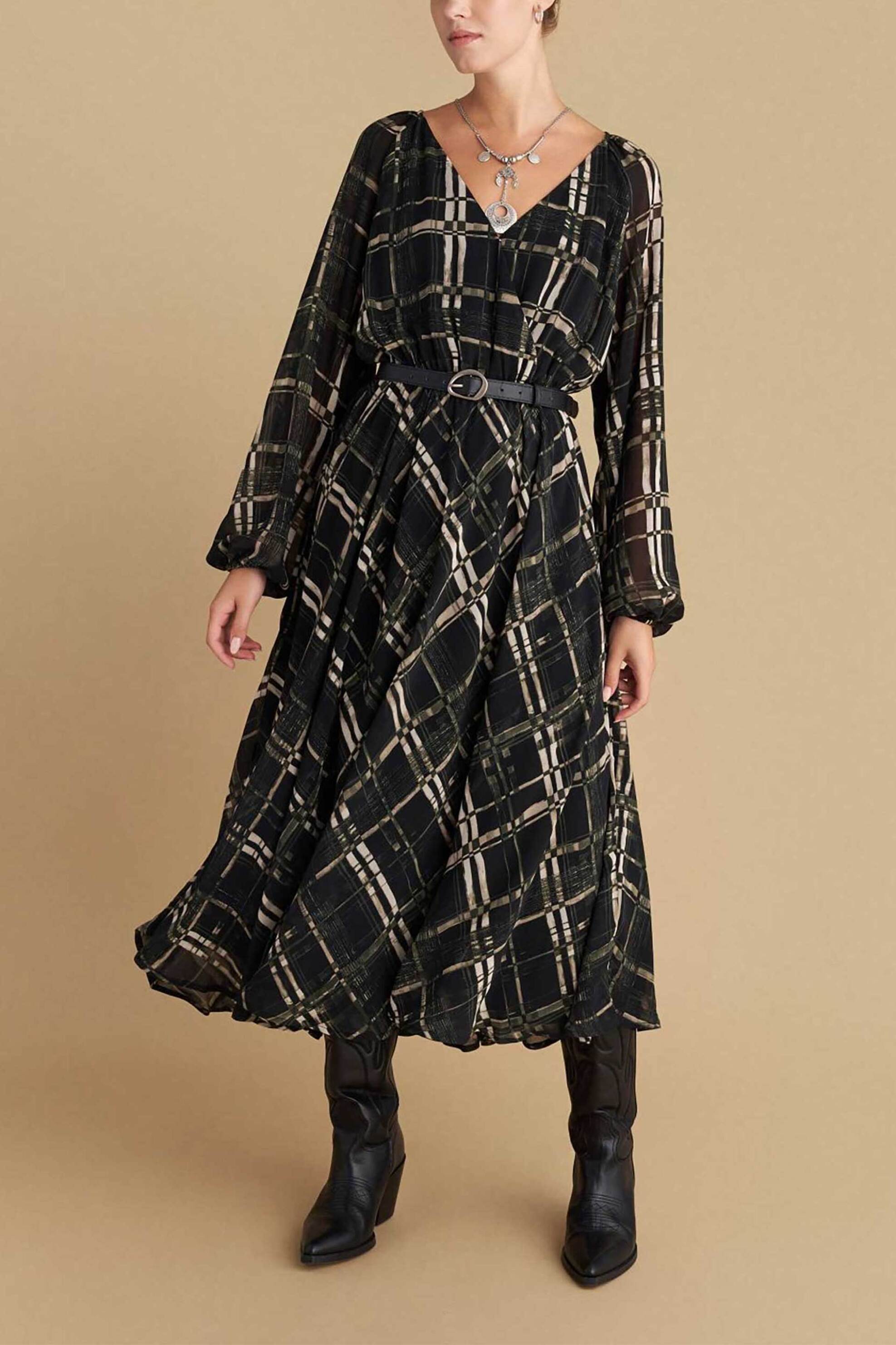 ATTRATTIVO Attrativo γυναικείο midi πλισέ φόρεμα με all-over print και ζώνη - 9921698 Μαύρο