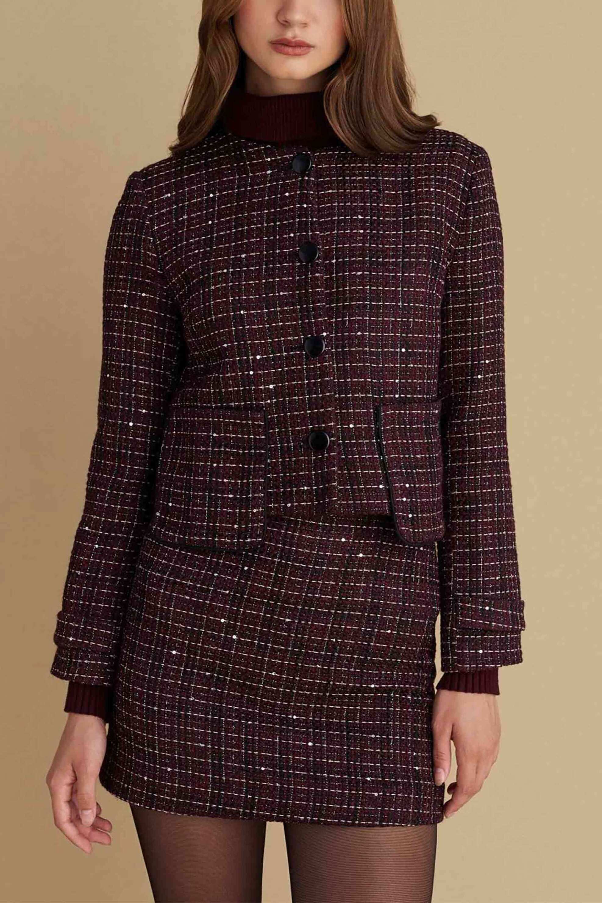 ATTRATTIVO Attrativo γυναικείο σακάκι με καρό σχέδιο - 92214619 Μπορντό