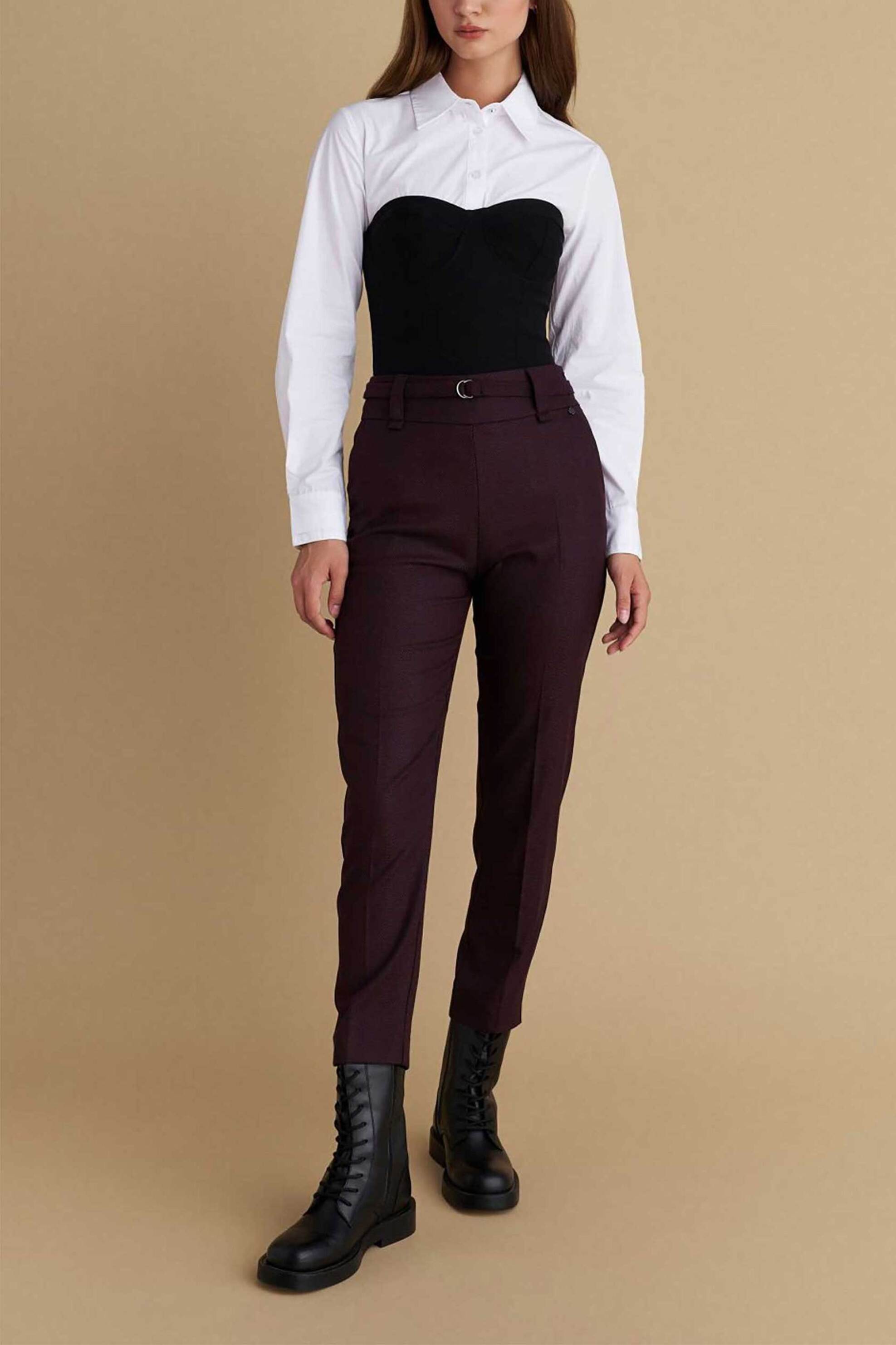 ATTRATTIVO Attrativo γυναικείο παντελόνι με ζώνη Straight Fit - 92220068 Μπορντό