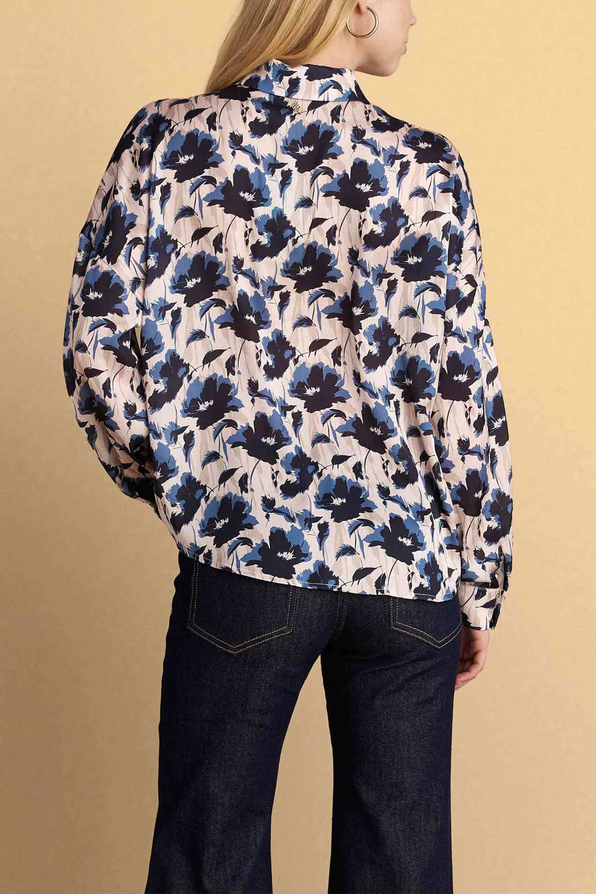 Attrativo Γυναικείο Πουκάμισο με Floral Print Και Σατέν Υφή - 9921854 Μπλε