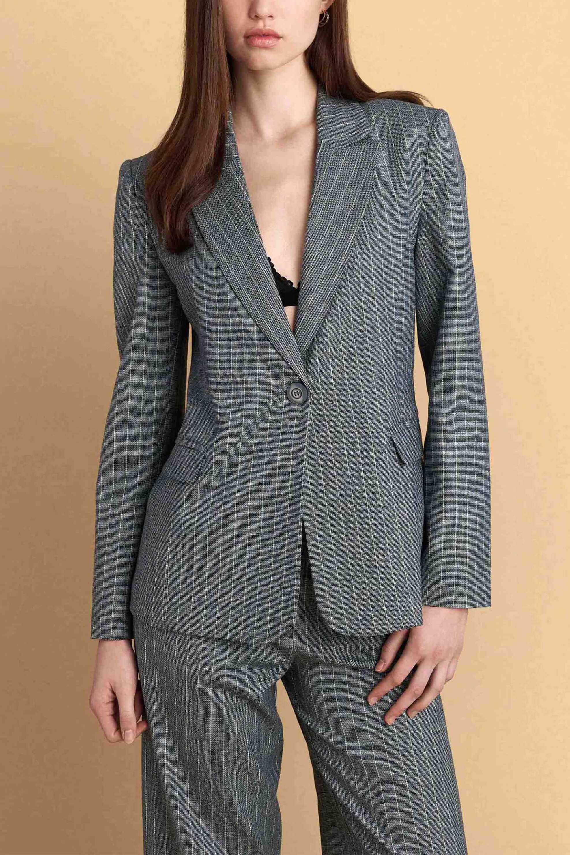 Attrativo γυναικείο σακάκι με ριγέ σχέδιο Straight Fit - 91013610 Γκρι