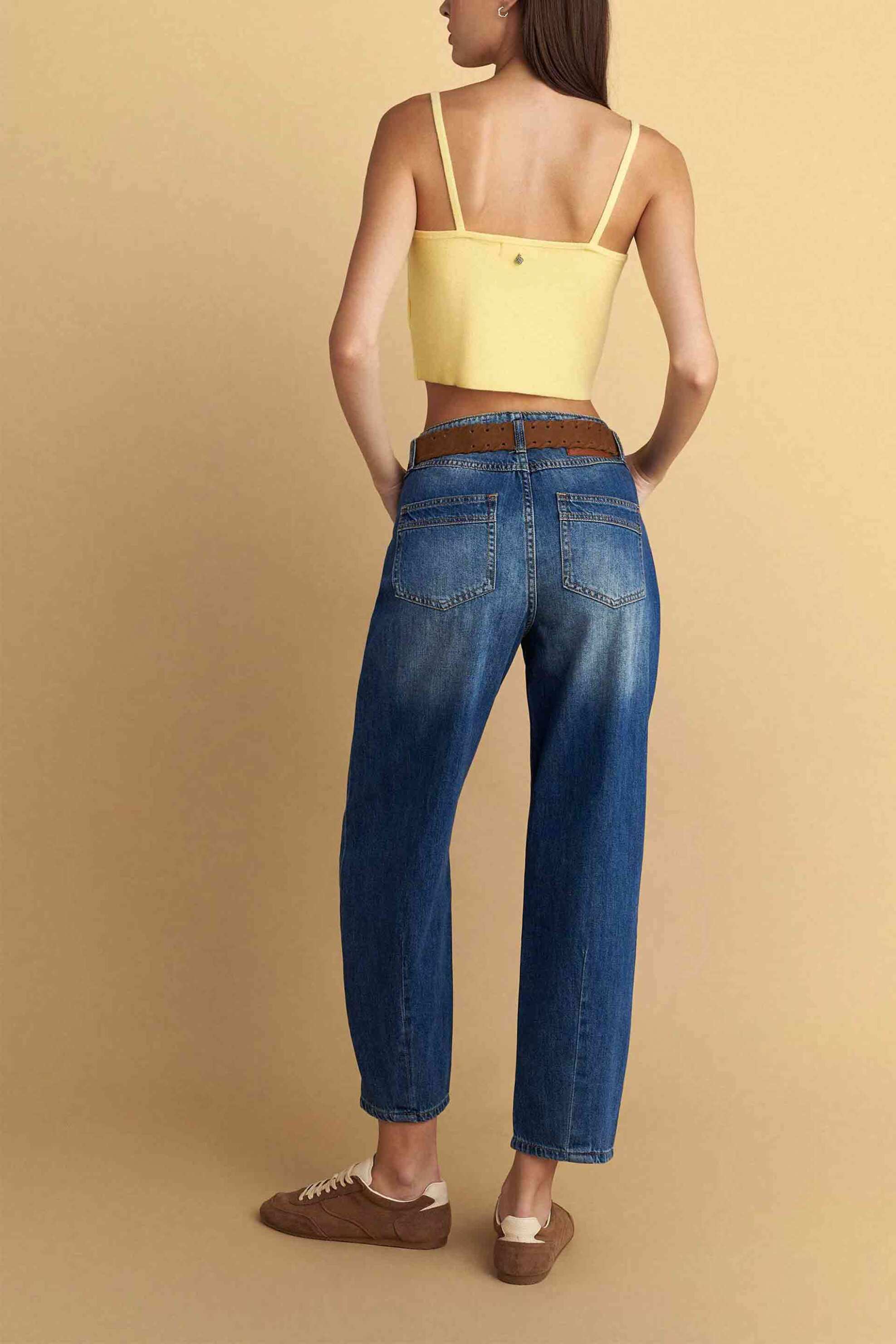 Attrativo Γυναικείο Τζιν Παντελόνι με Ζώνη Barrel Leg - 9922929 Denim Blue