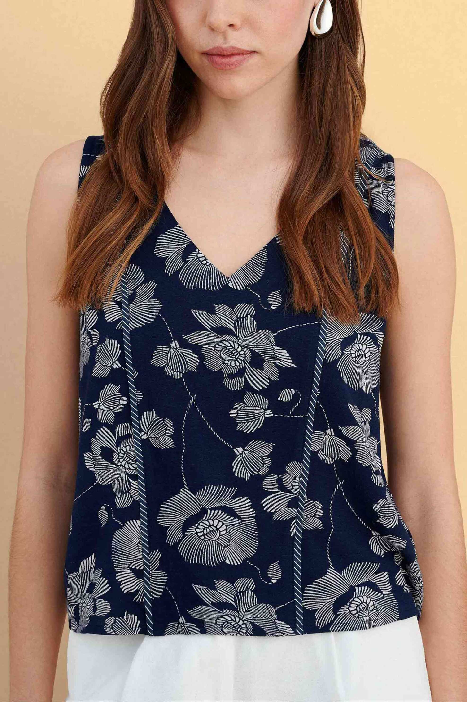 Attrativo γυναικείο αμάνικο τοπ με floral print – 9923161 Μπλε Σκούρο