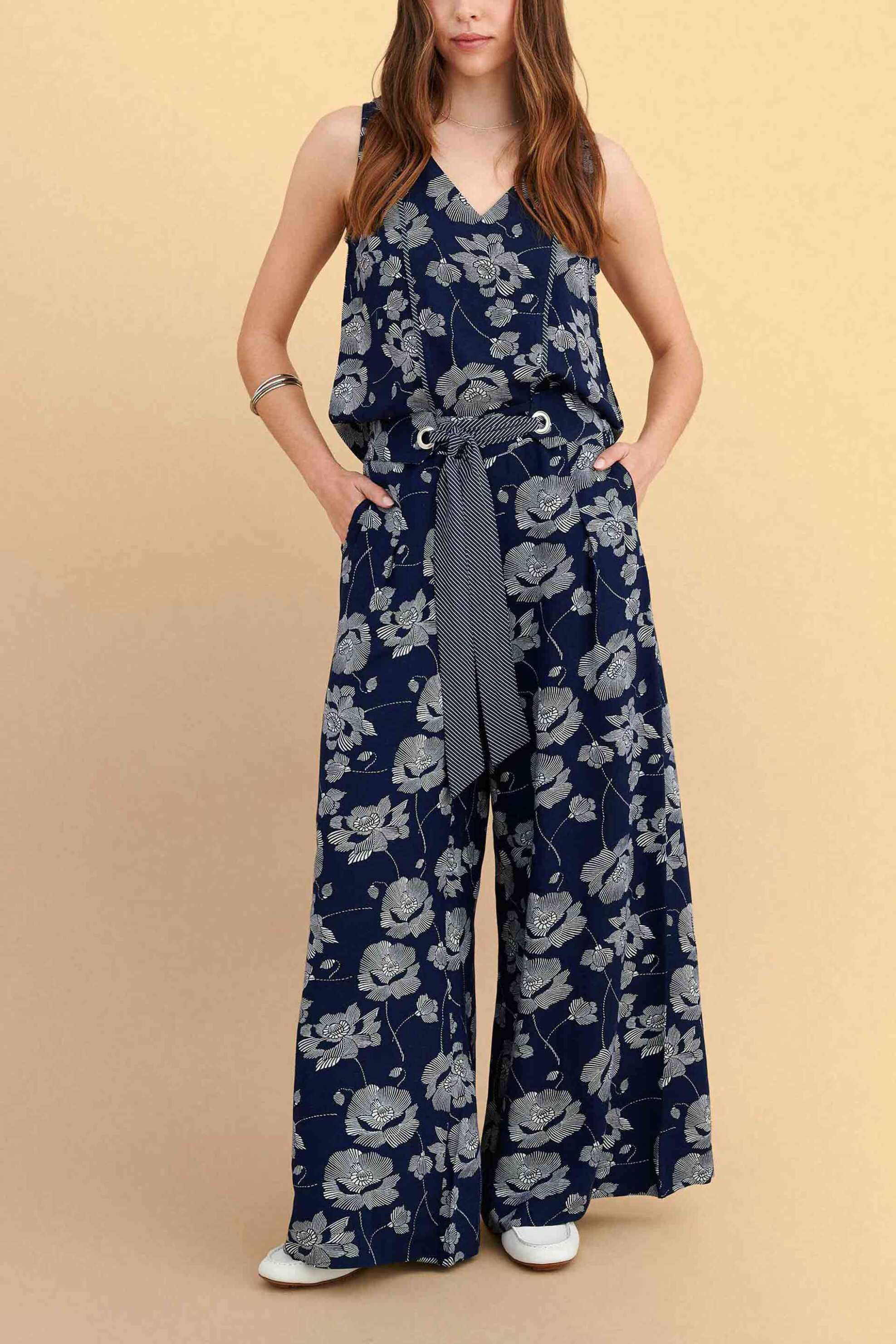 Attrattivo γυναικεία παντελόνα με floral print - 9923162 Μπλε Σκούρο
