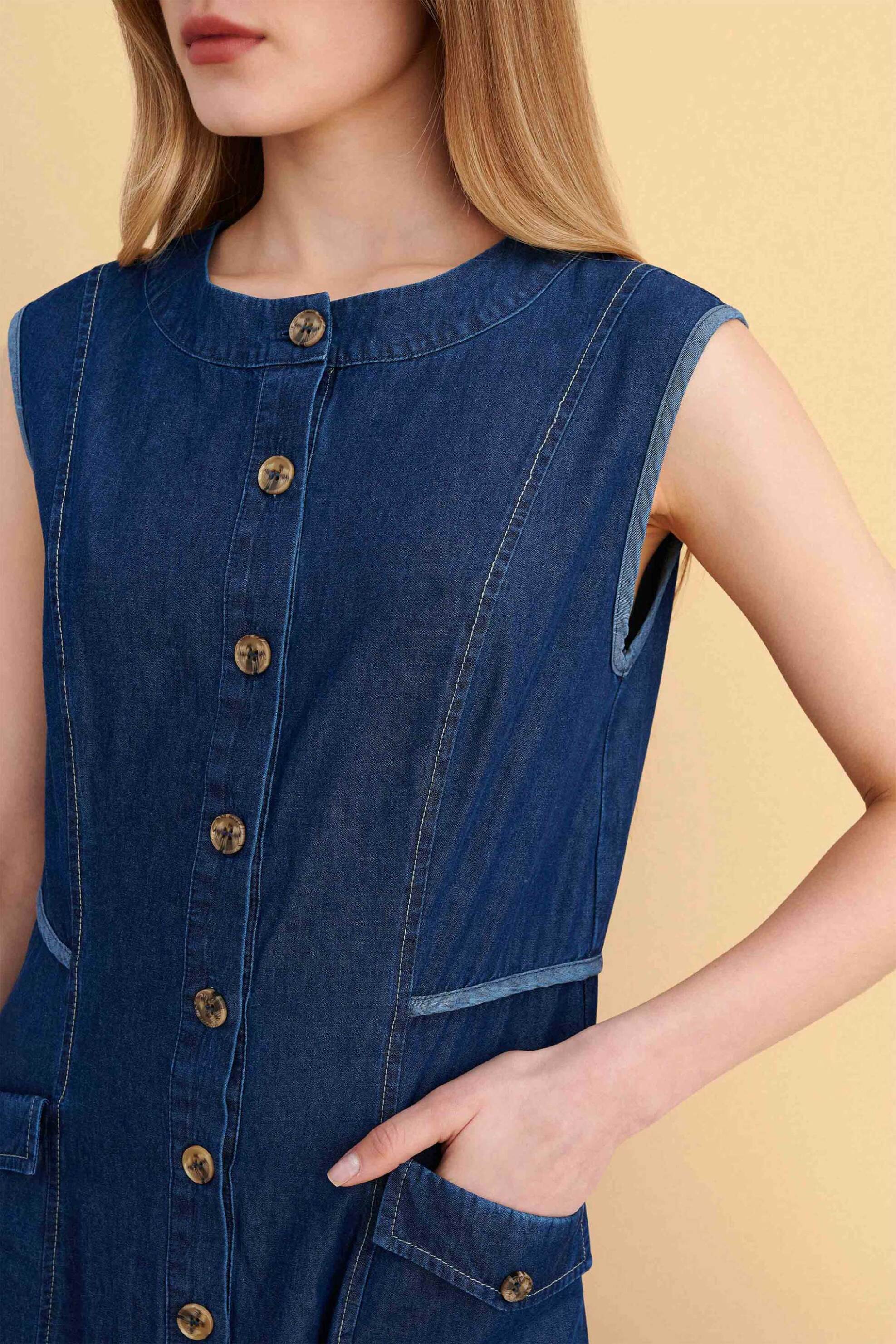 Attrattivo γυναικείο midi αμάνικο σεμιζιέ denim φόρεμα - 91253756 Μπλε Σκούρο
