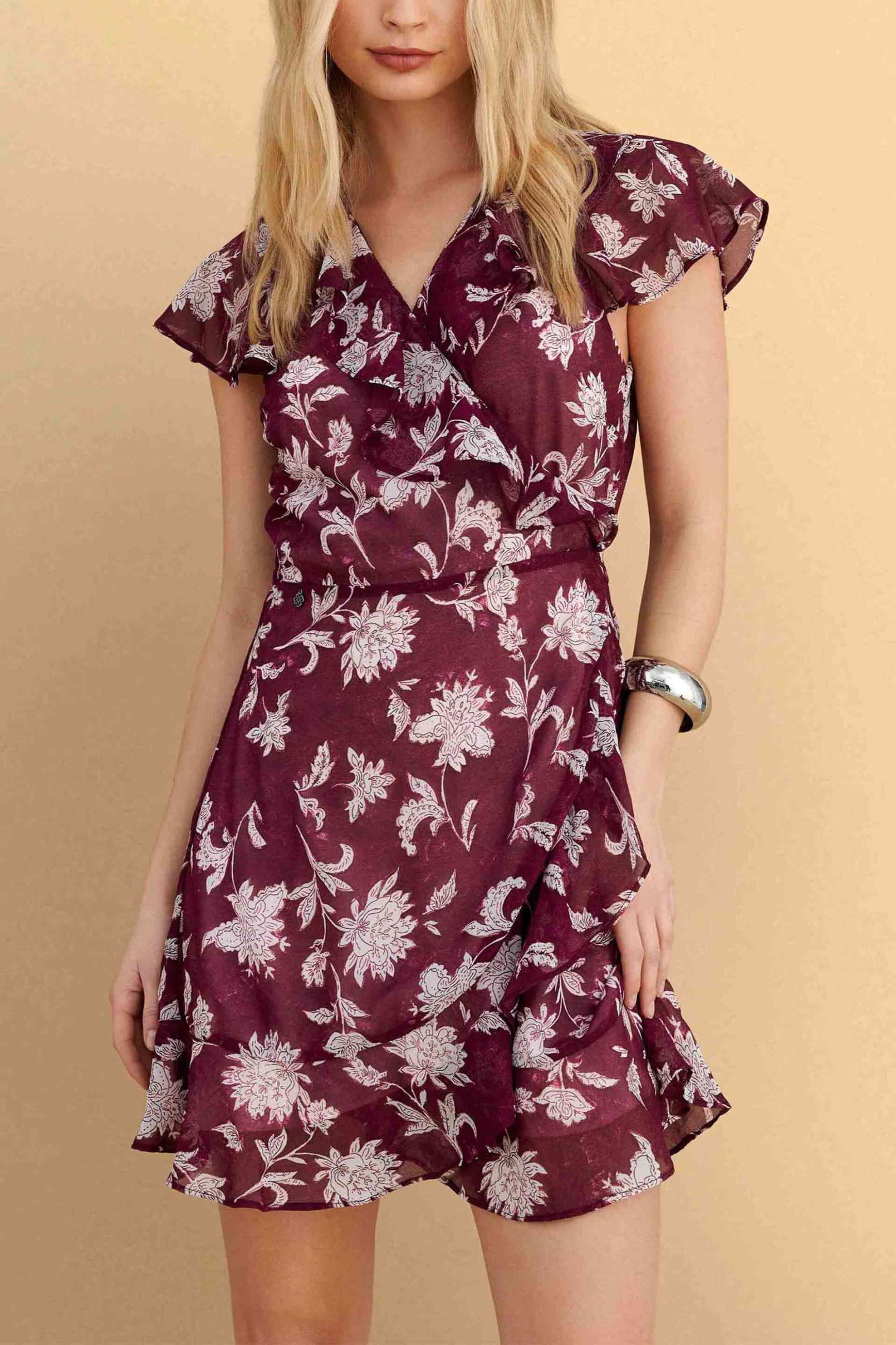 Attrativo γυναικείo mini φόρεμα με floral print και βολάν - 9923166 Μπορντό