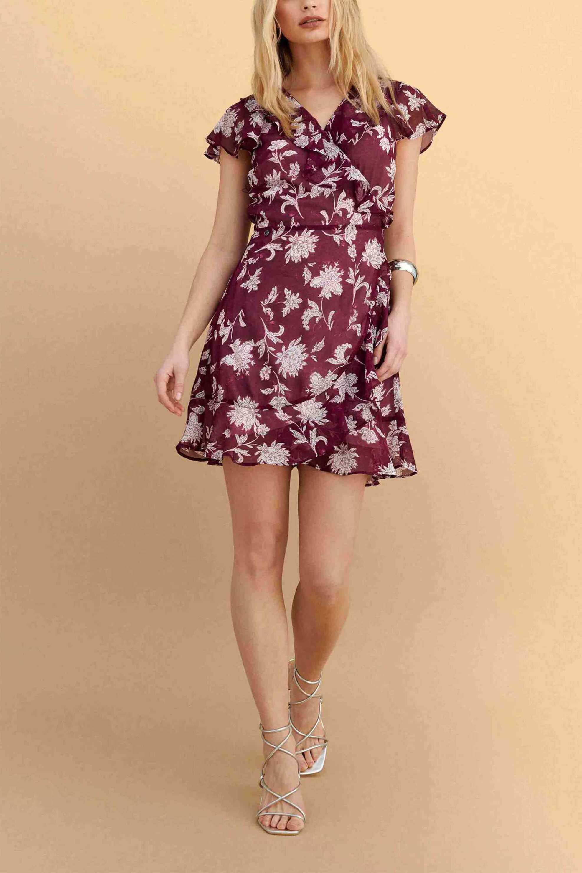 Attrativo γυναικείo mini φόρεμα με floral print και βολάν - 9923166 Μπορντό