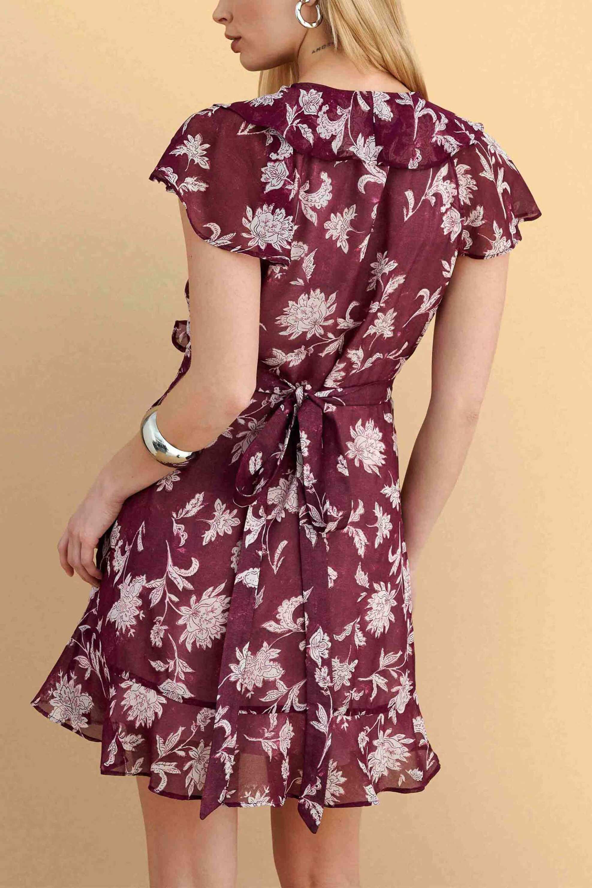 Attrativo Γυναικείo Mini Φόρεμα με Floral Print Και Βολάν - 9923166 Μπορντό