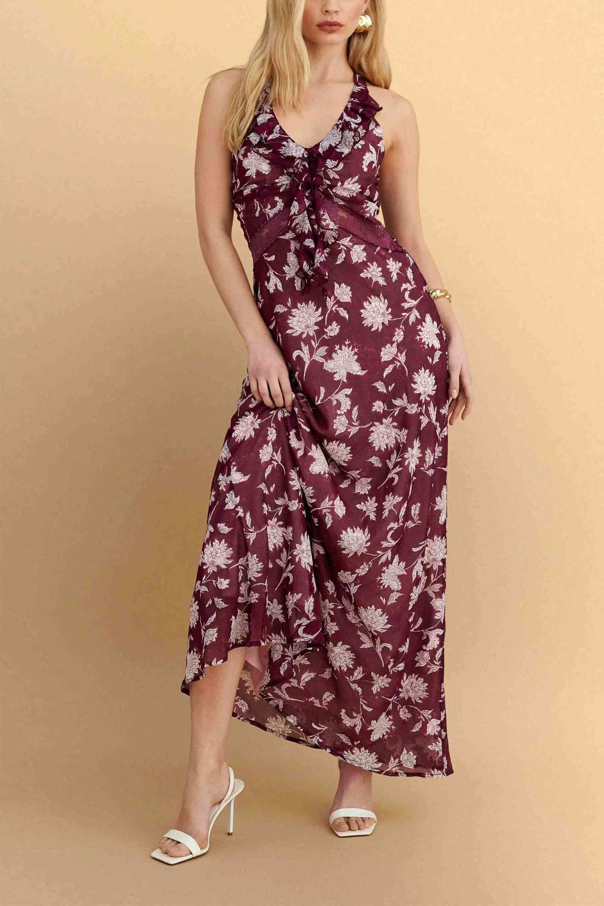 Attrativo γυναικείo maxi αμάνικο φόρεμα με floral print και βολάν - 9923167 Μπορντό